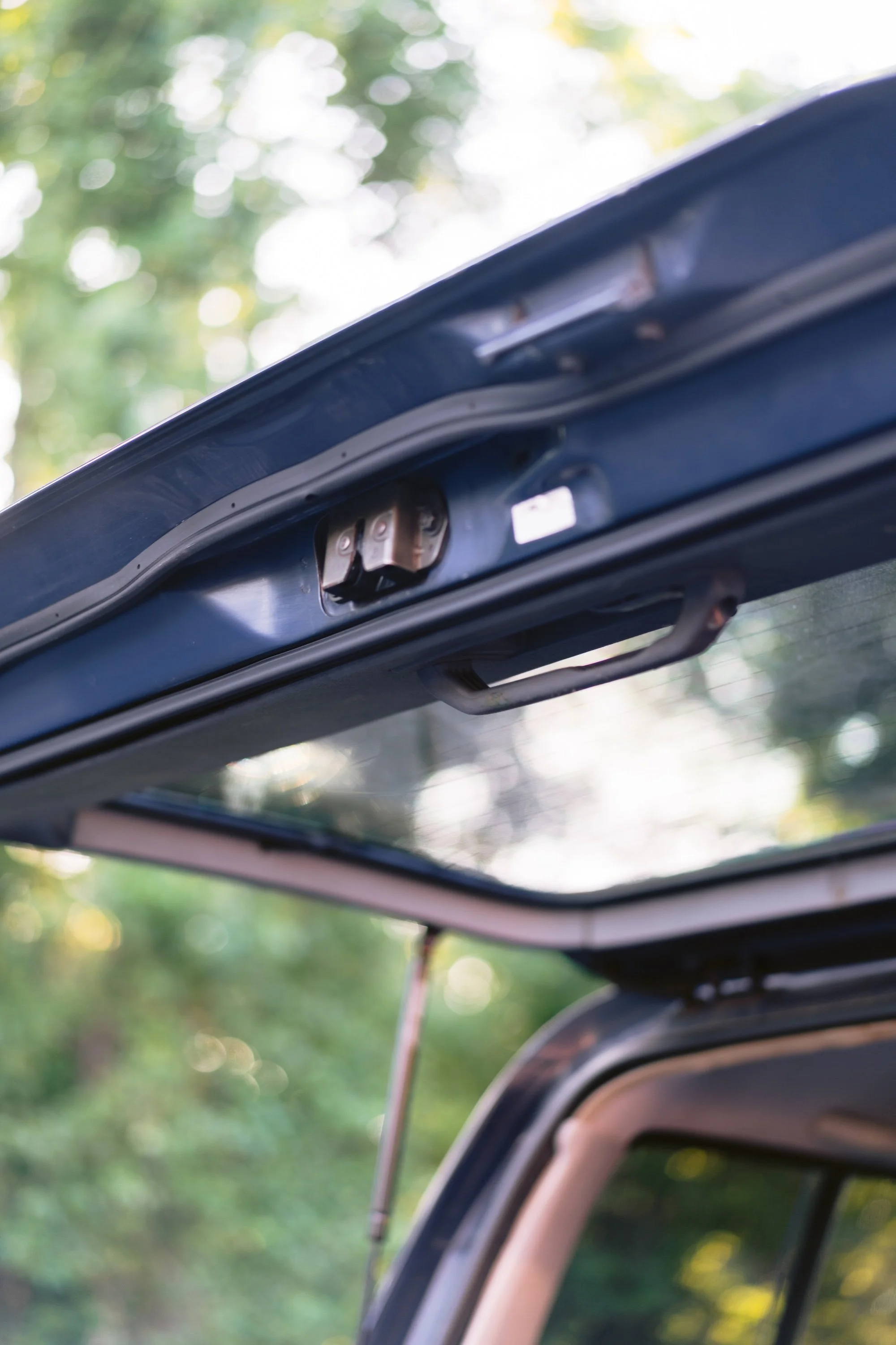 Open trunk of a vehicle with a view of the blue exterior and part of the interior, with a blurred natural outdoor background.