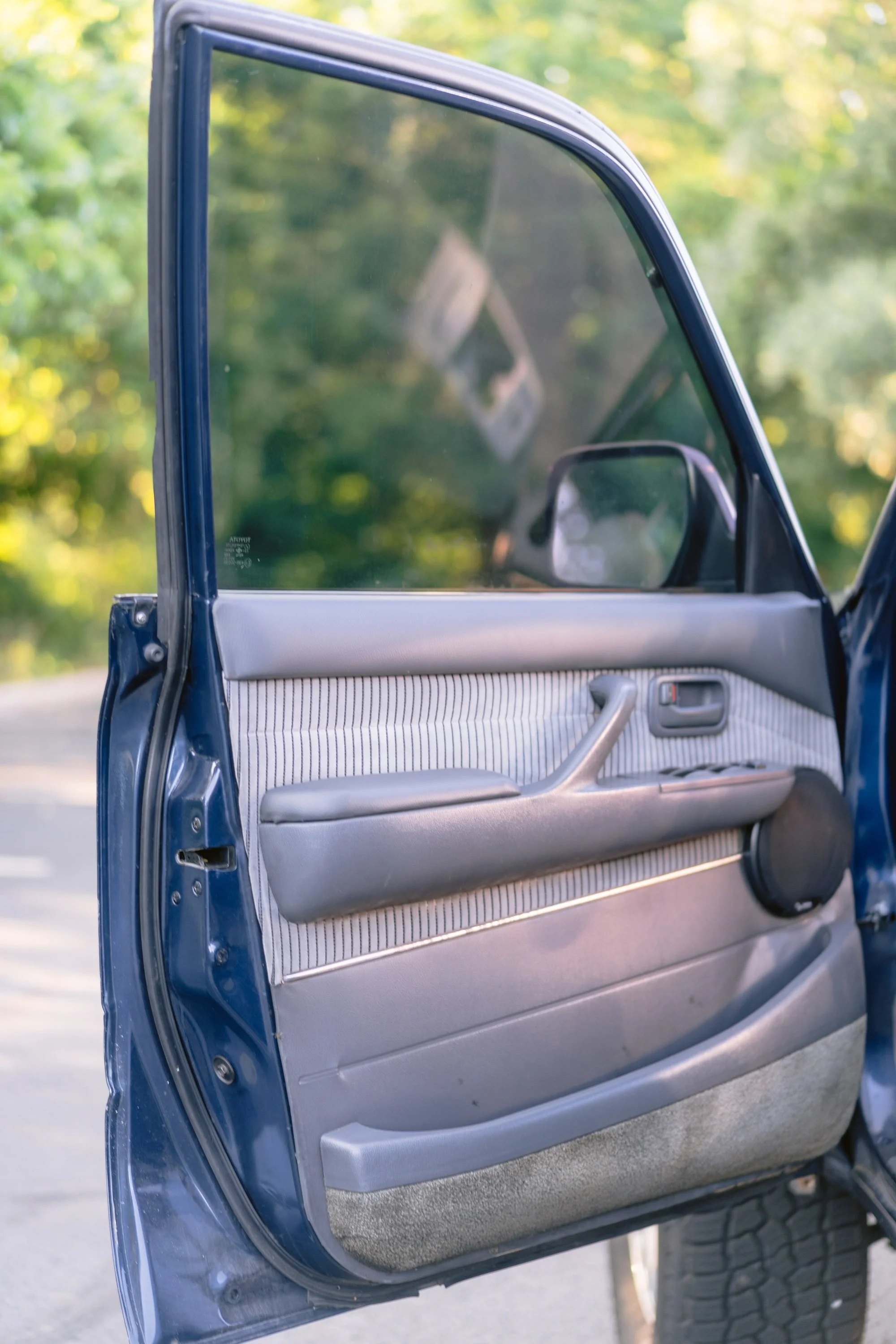 The image shows the interior of a car with the driver's side door open, revealing the window, door panel, and side mirror. The background is blurred with green trees and sunlight.