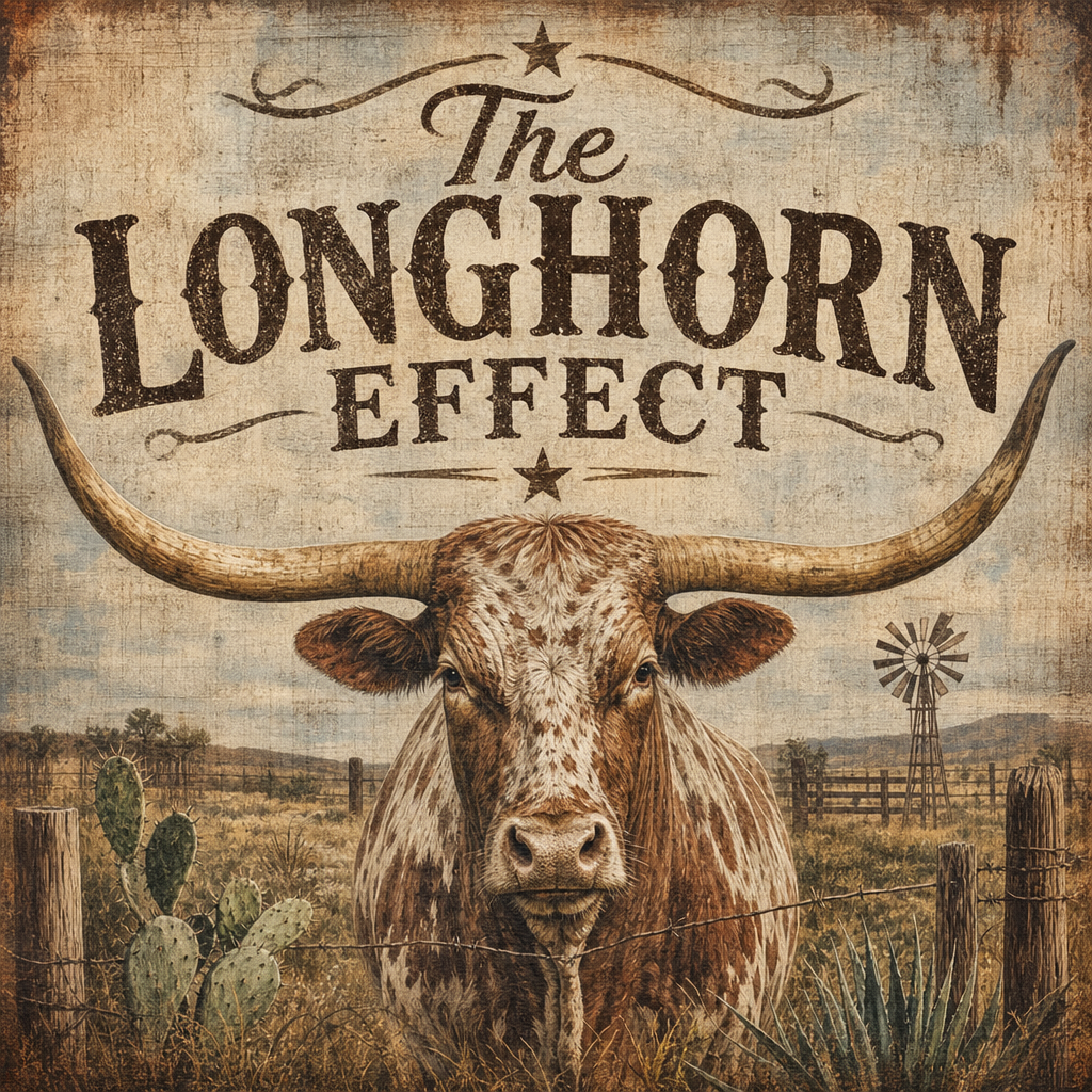 A rustic Western graphic featuring a Texas longhorn in front of a ranch landscape with the text “The Longhorn Effect.” The artwork represents a theme for an upcoming hat design.