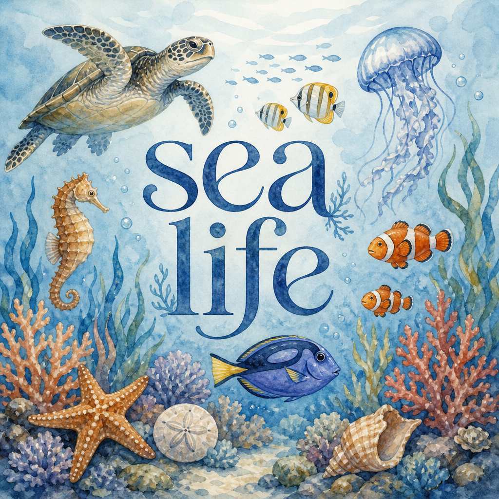 A colorful underwater illustration featuring the words “sea life” surrounded by a sea turtle, jellyfish, fish, a seahorse, and coral. The vibrant ocean scene represents the theme for an upcoming hat design.