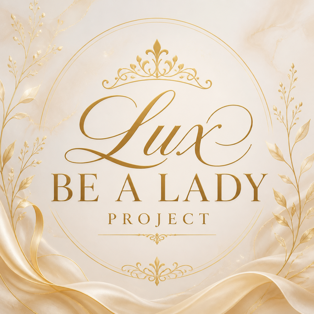 An elegant cream‑and‑gold graphic featuring ornate flourishes and a crown motif. Center text reads “Lux Be a Lady Project.” The design conveys a refined, luxurious theme for an upcoming hat release.
