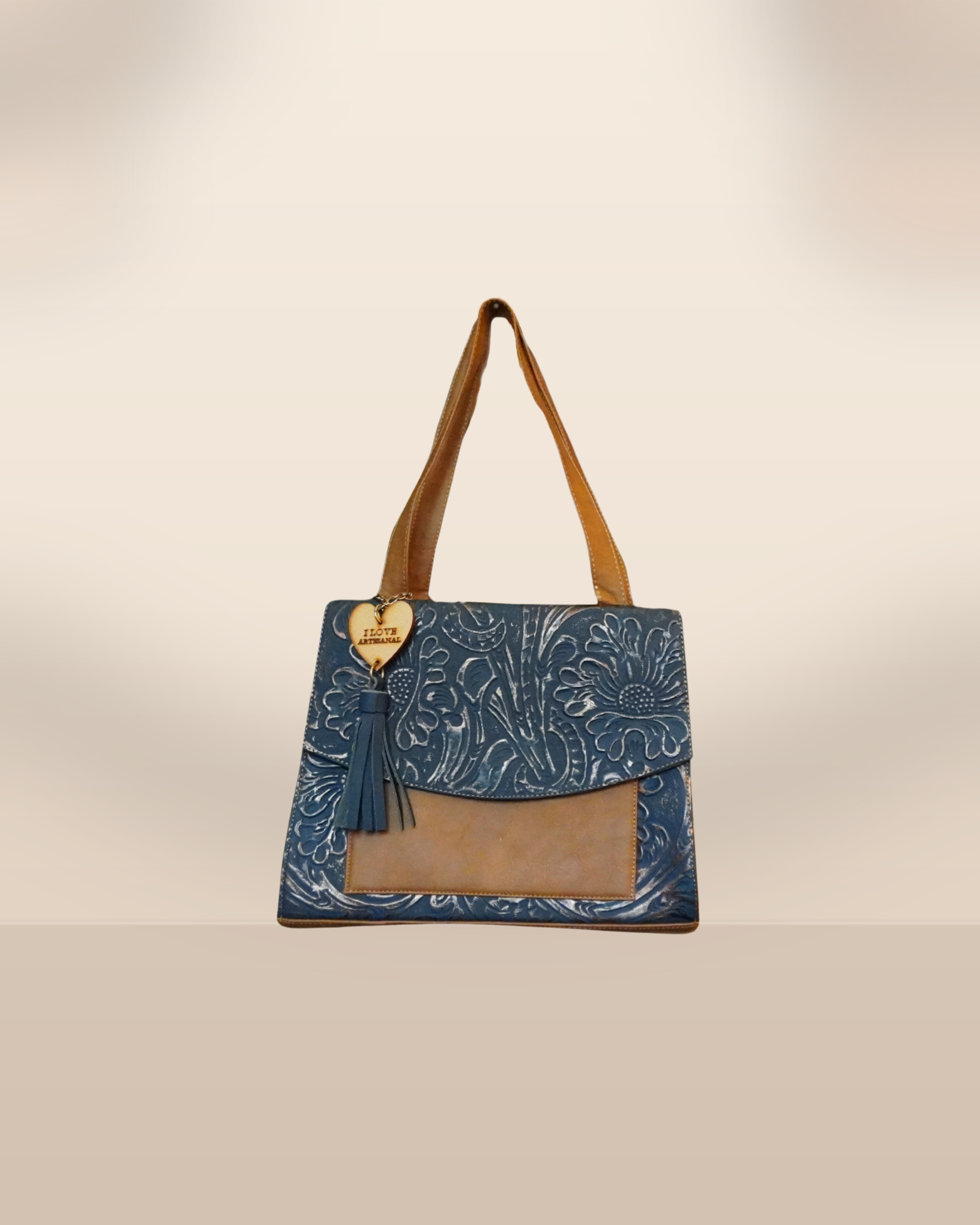 Artisan Embossed Leather Handbag – Navy & Cognac Floral