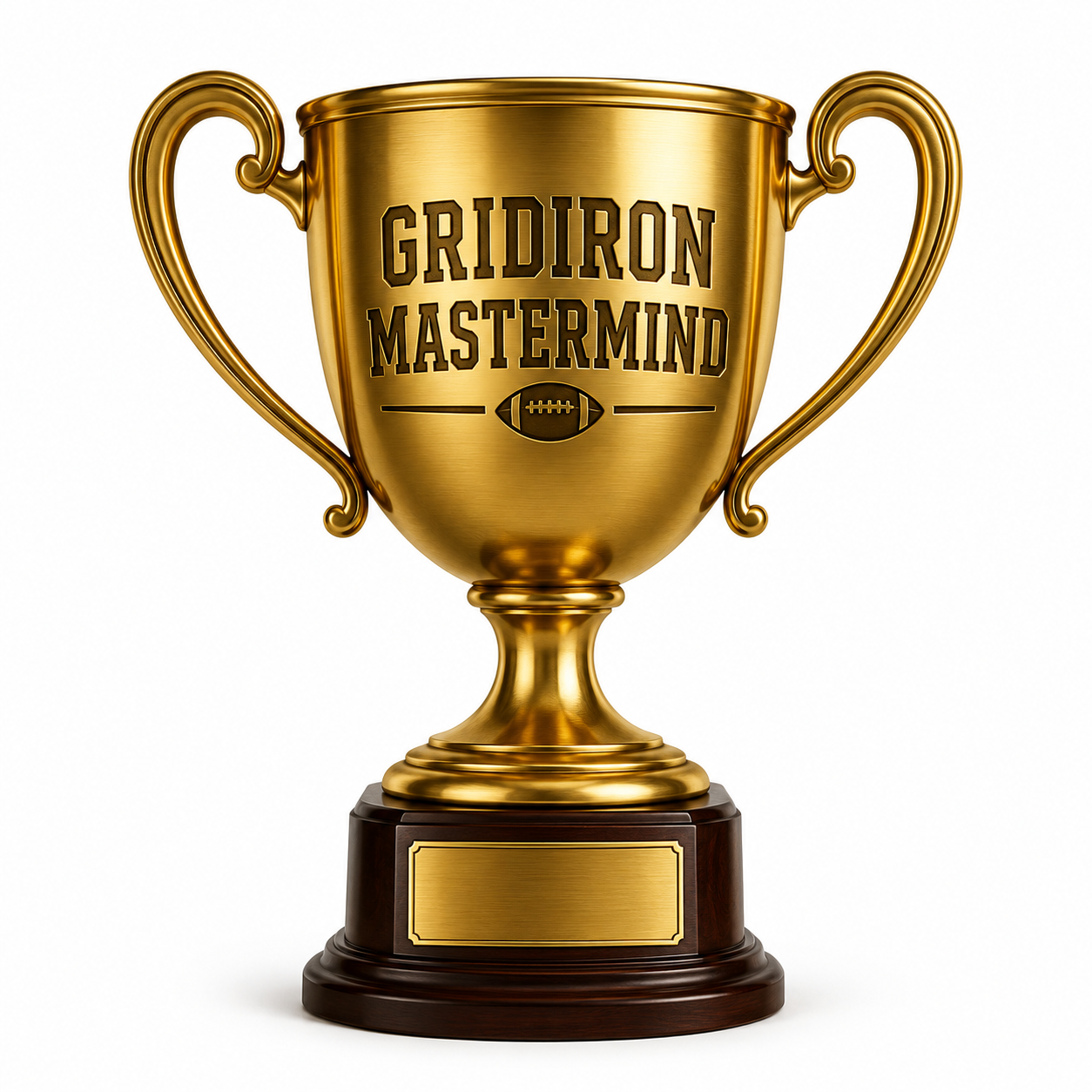 Golden trophy cup with handles and a wooden base, engraved with "GRIDIRON MASTERMIND" and a football icon.