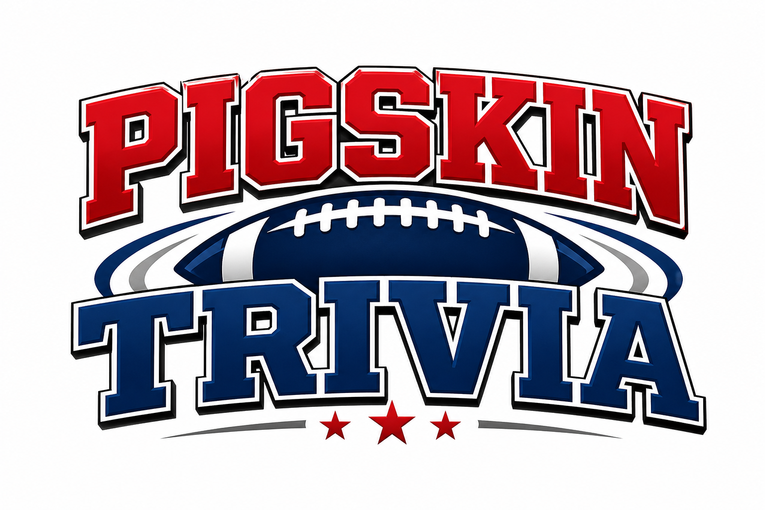 Logo of the Pigskin Trivia featuring red and blue text, a football, and three red stars.