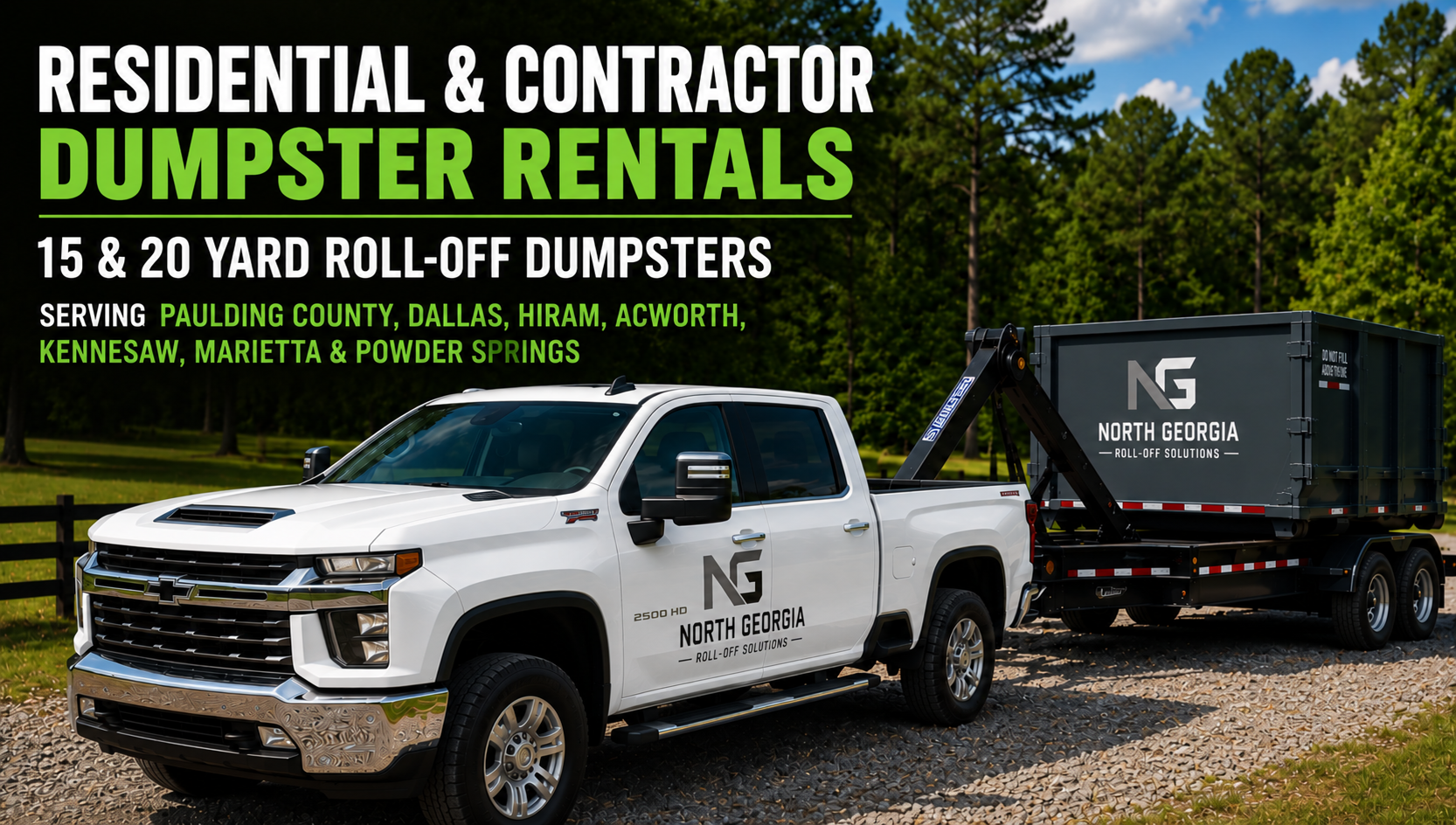 A white pickup truck with the North Georgia Roll-Off Solutions logo on the door, pulling a trailer with a gray dumpster that also bears the North Georgia logo. The truck is parked on a gravel path with a green and wooded background. The image promotes dumpster rentals for residential and contractor use in multiple counties in Georgia.