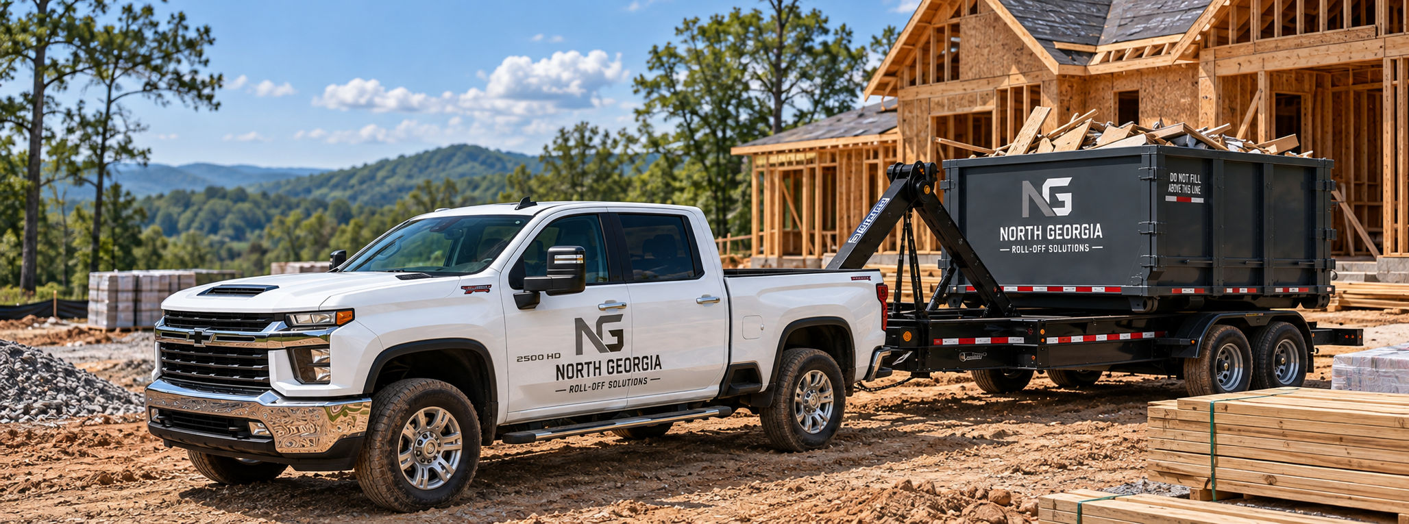 A white pickup truck with North Georgia Roll-Off Solutions logo on the door, pulling a black dumpster filled with debris at a construction site with a partly built wooden house and trees in the background.