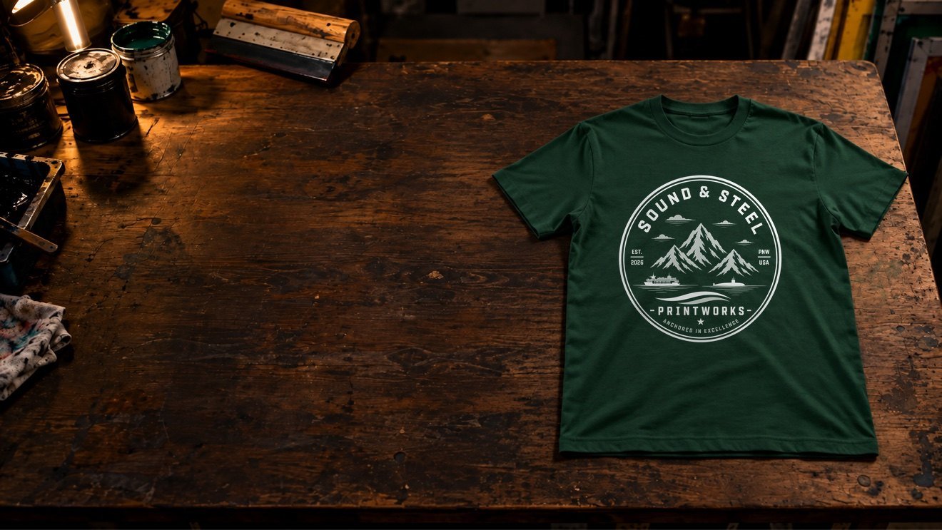 Forest green tee with the Sound & Steel Printworks logo printed on the chest, laid flat on a wooden shop table