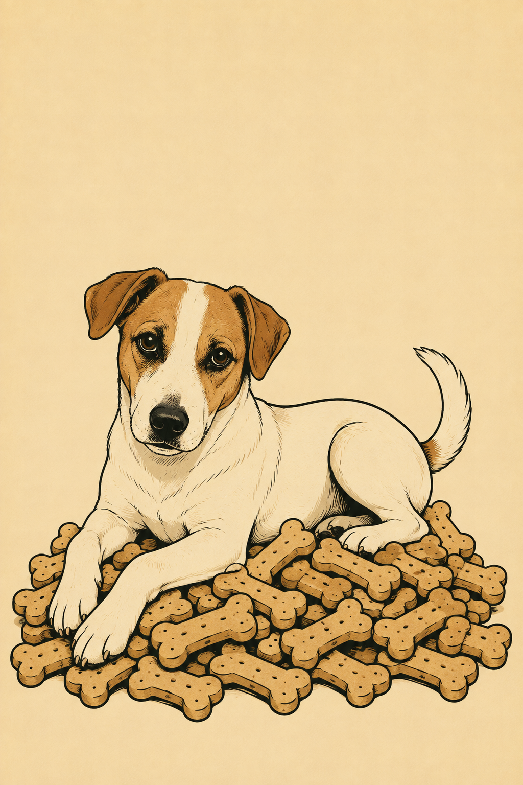 A terrier guarding a pile of bone-shaped treats, illustration by Maite Hollenbeck