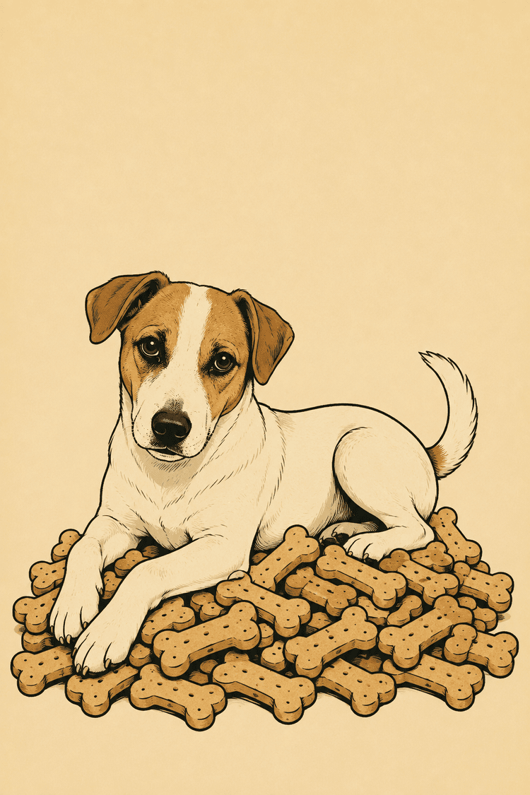 Guard Dog: a terrier guarding a pile of bone-shaped treats, by Maite Hollenbeck