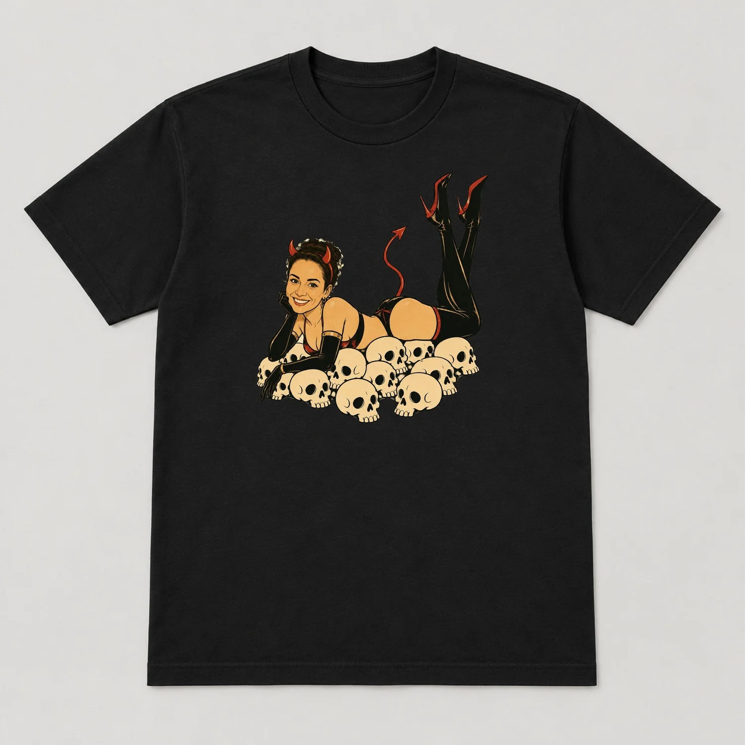 Devil's Due: a devil pin-up on a pile of skulls, illustration by Maite Hollenbeck (Tee, Black)