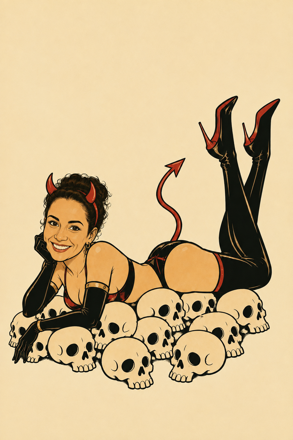 A devil pin-up on a pile of skulls, illustration by Maite Hollenbeck