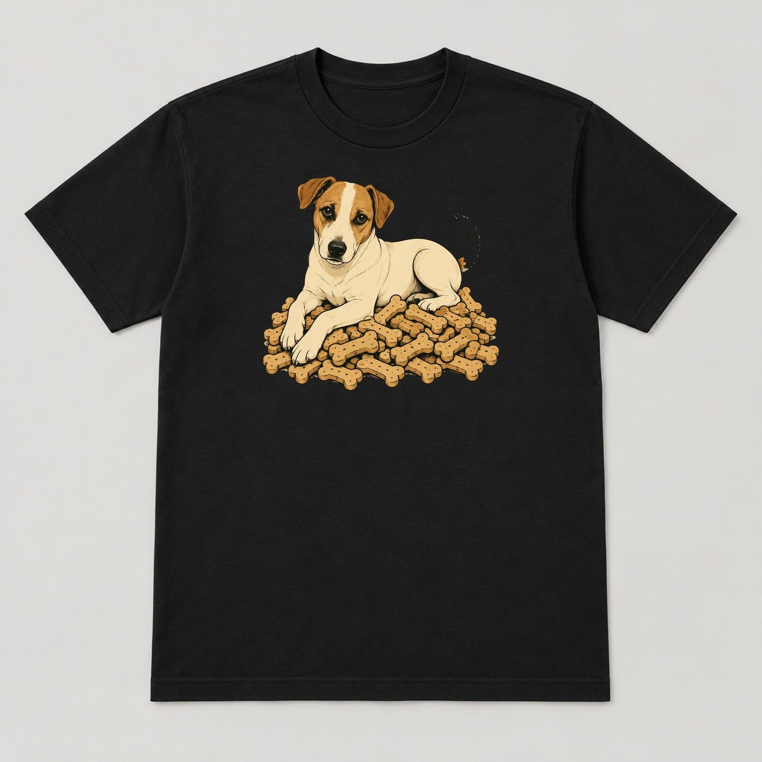 Guard Dog: a terrier guarding a pile of bone-shaped treats, illustration by Maite Hollenbeck (Tee, Black)