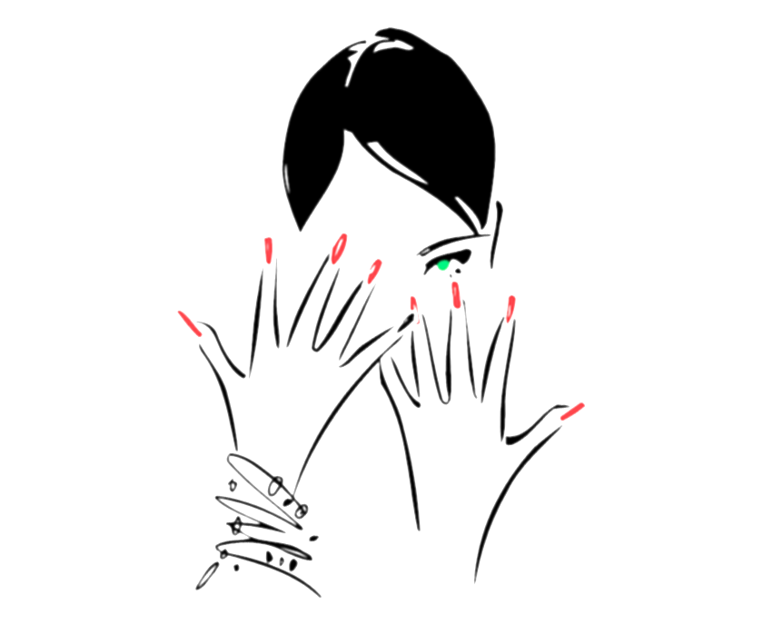Line drawing of a woman with short dark hair, partially covering her face with her hands, featuring red nail polish and a green eye peeking through her fingers.