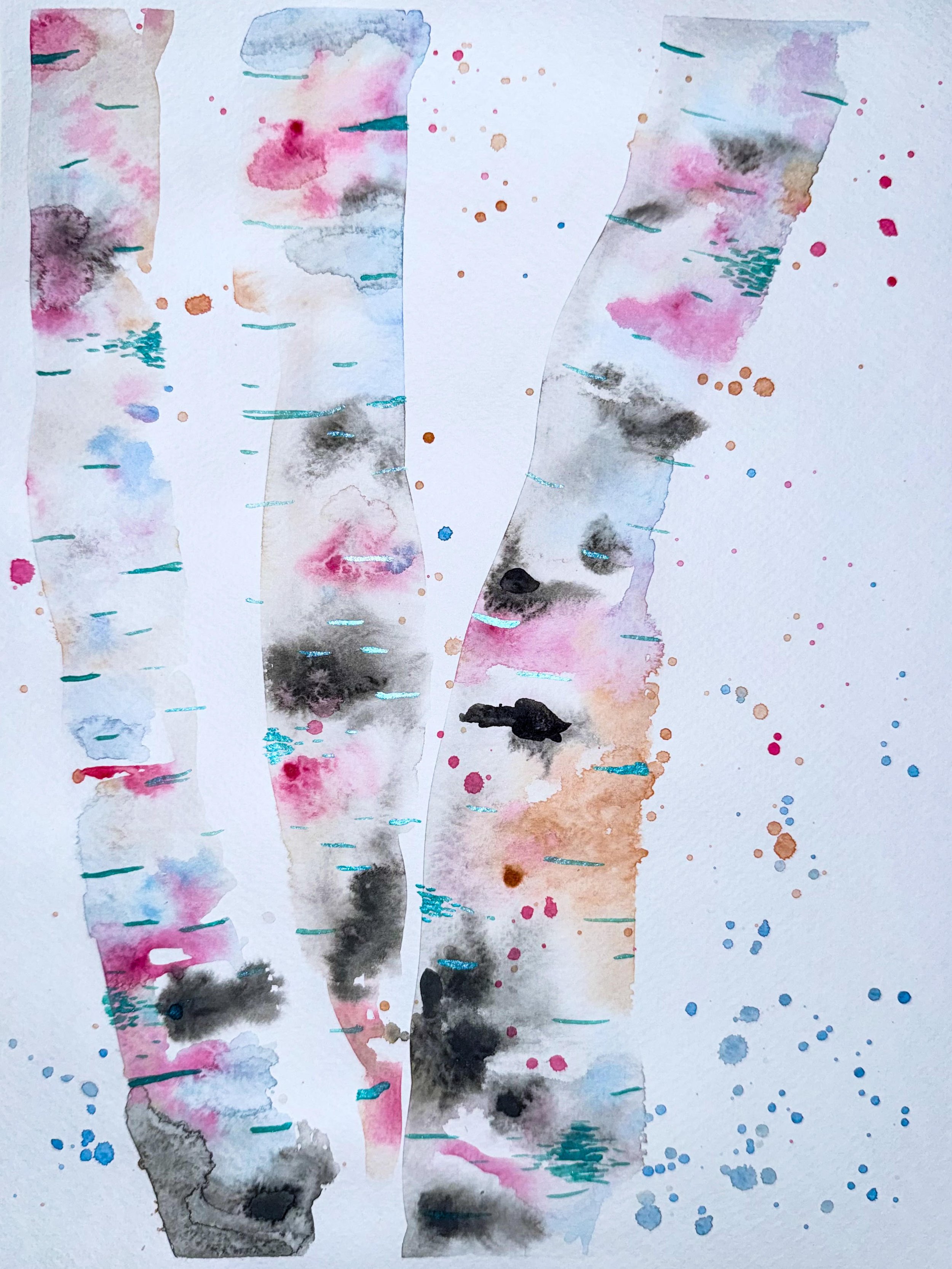 Contemporary watercolour artwork featuring birch trees in soft pink, blue, and black tones.