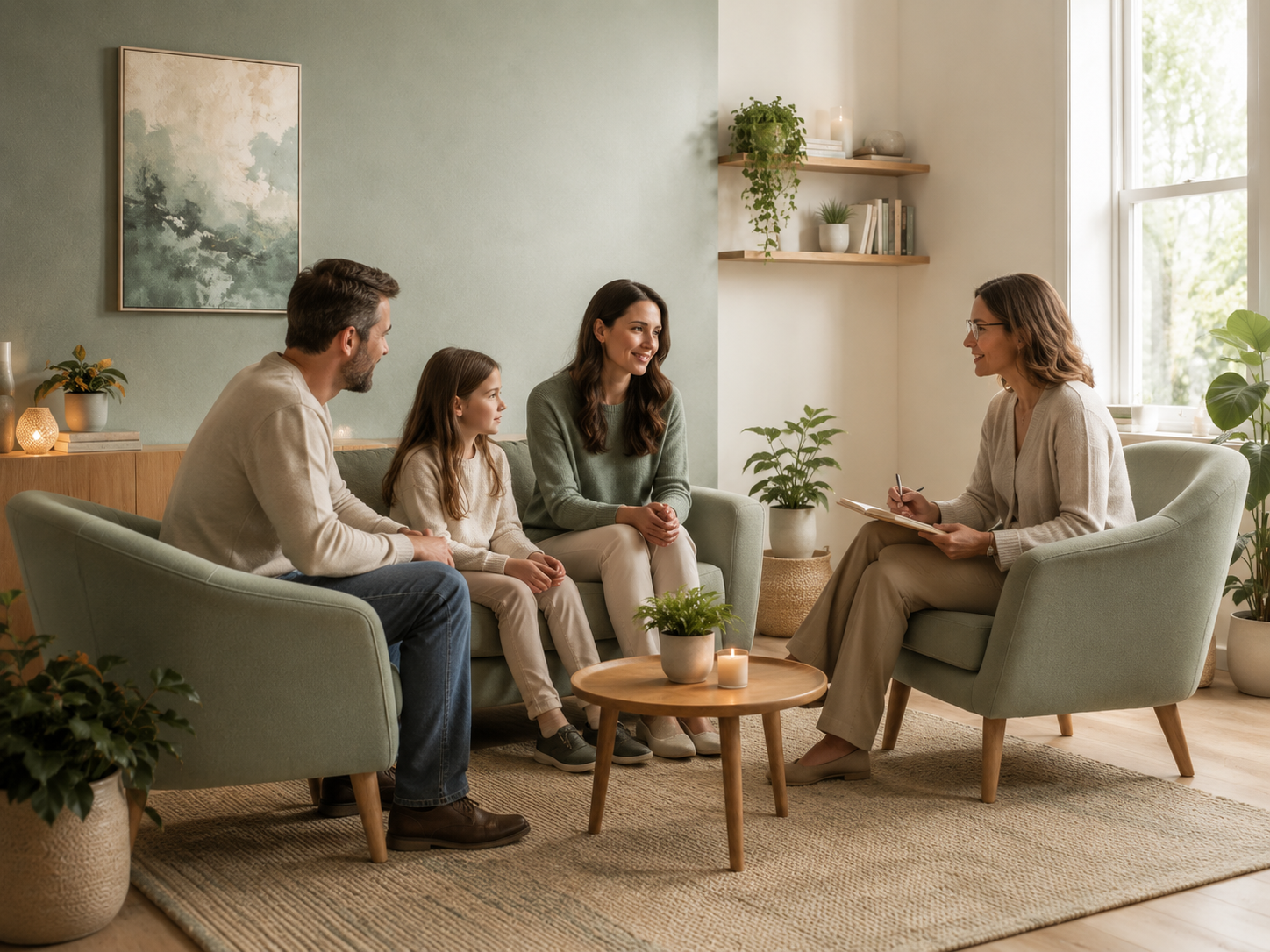 Family of four sitting on a sofa during a counseling session with a therapist in a cozy, well-lit living room with plants and artwork.