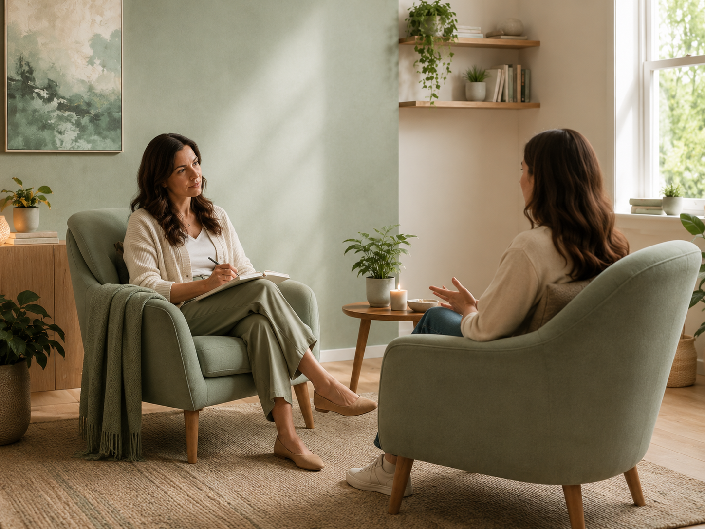 Two women having a therapy session in a cozy living room with green accents and natural light.