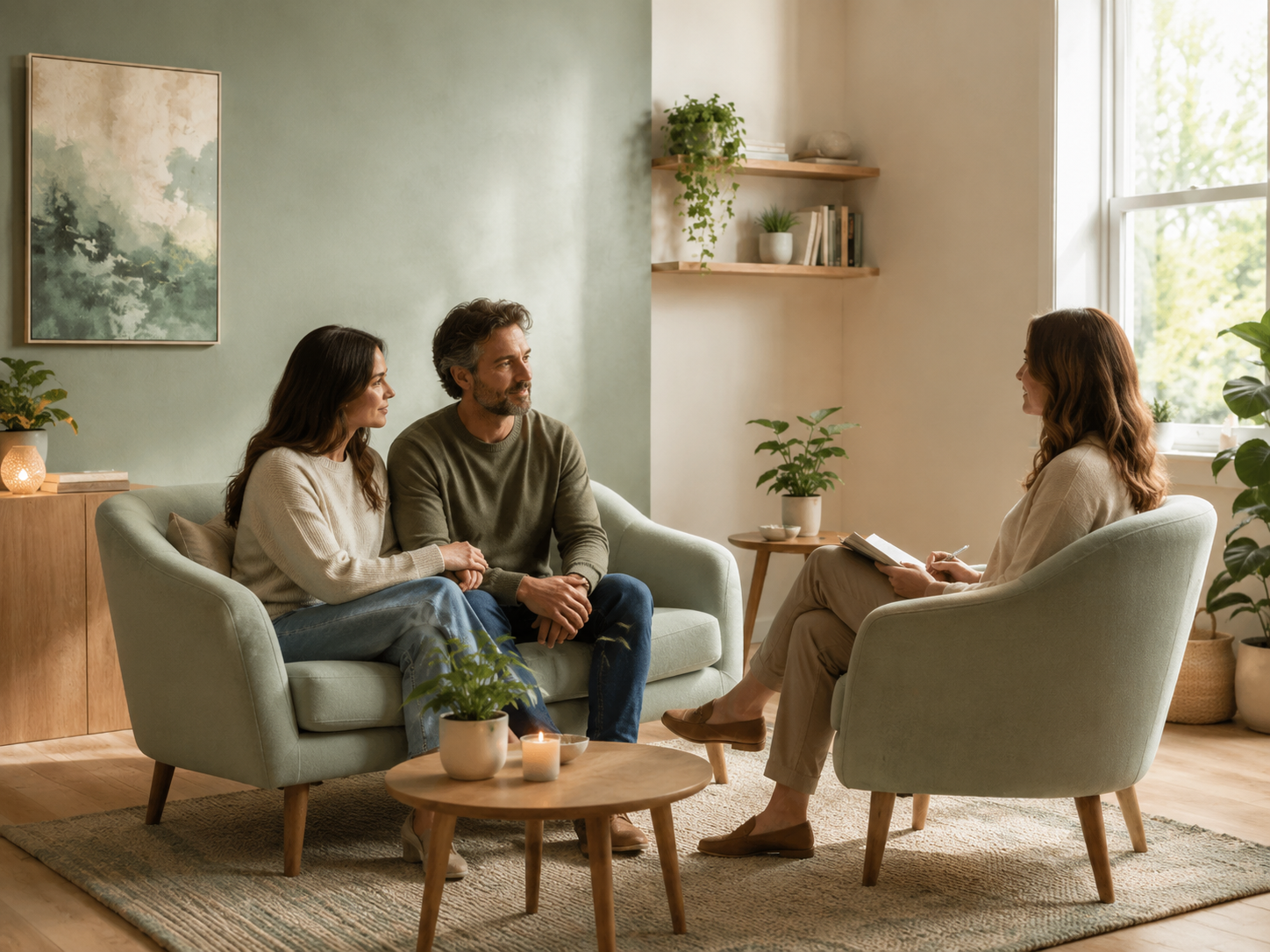 A couple sitting on a light green sofa during a therapy session in a cozy, well-lit living room, talking to a female therapist sitting in an armchair with a notebook.