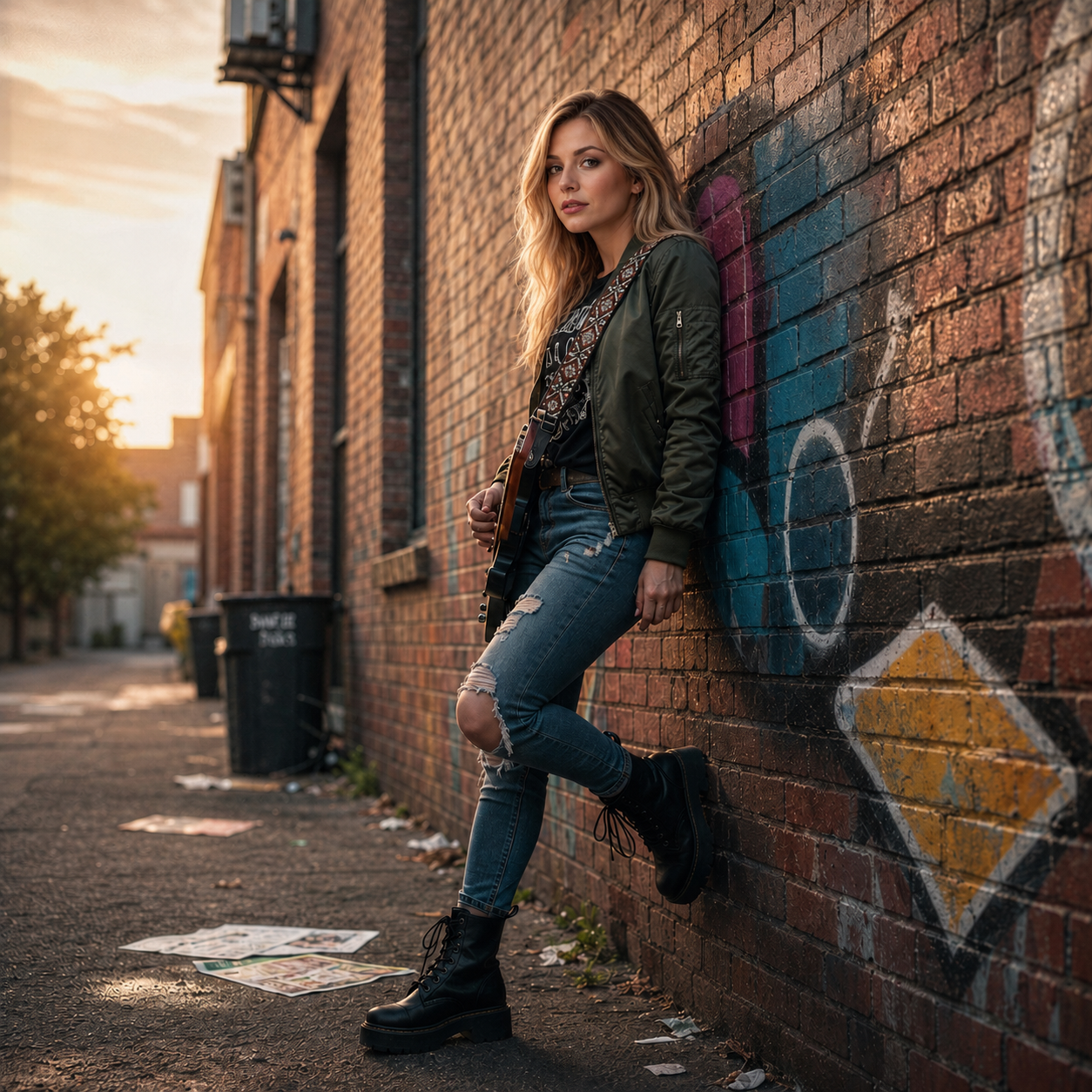 Tawney Wylder, wearing a dark green bomber jacket, ripped jeans, and black combat boots, leaning against a brick wall with graffiti during sunset in an urban alleyway. She holds a guitar and looks at the camera.