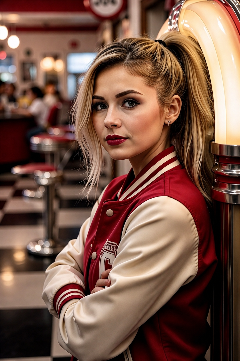 Tawney Wylder with blonde hair tied in a high ponytail, wearing a red and cream varsity jacket, leaning against a wall in a vintage diner with red and cream decor and checkered flooring, while other patrons are visible in the background.