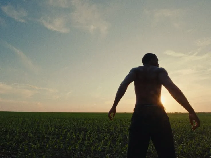 A shirtless man standing in a field at sunset, facing away from the camera.