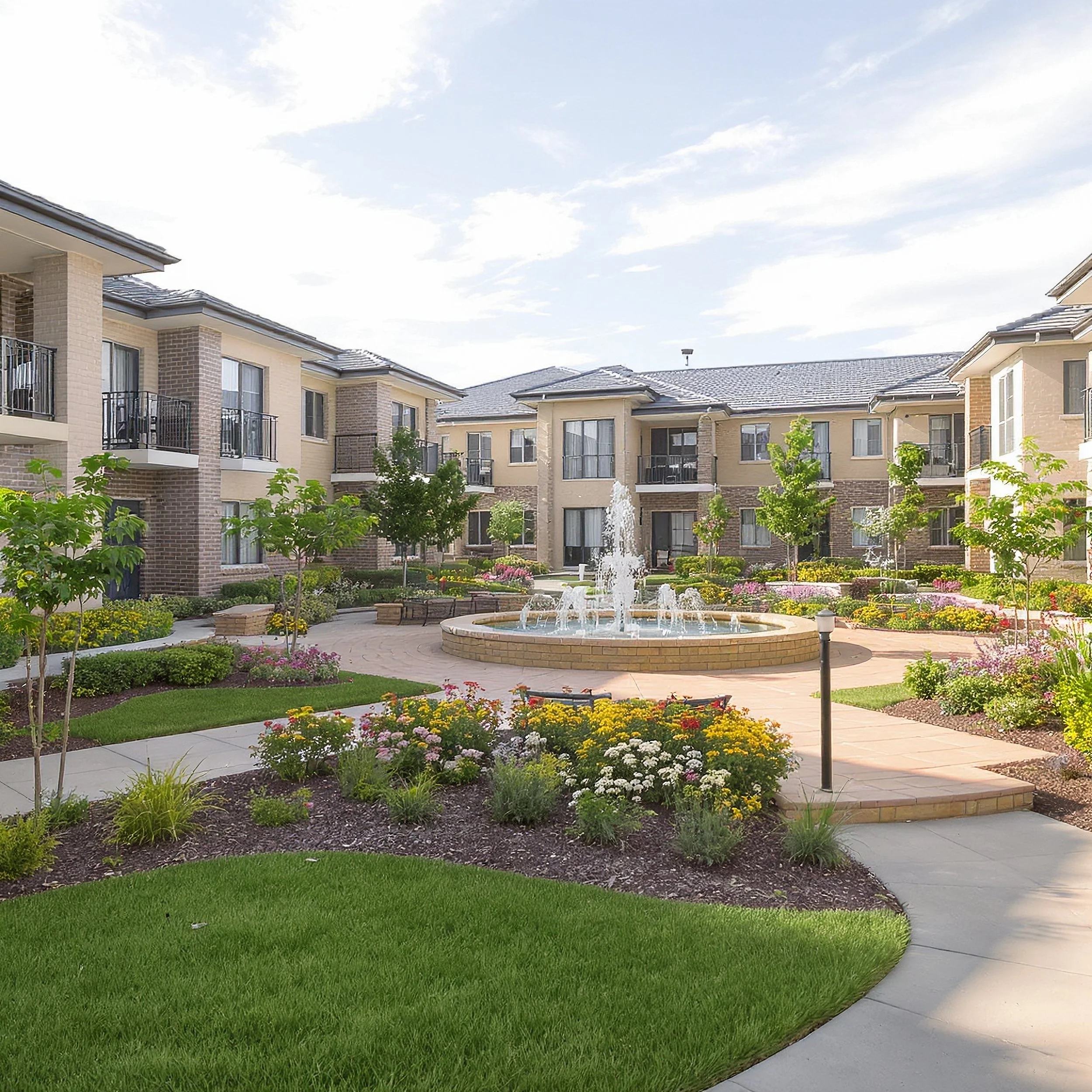 View of a landscaped courtyard with a central fountain, multiple apartment buildings with balconies, green grass, trees, and colorful flowers under a partly cloudy sky.
