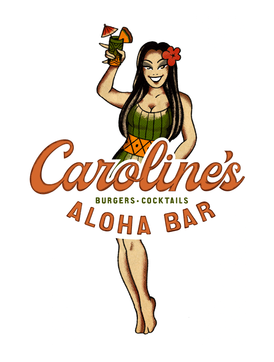 A cartoon image of a woman with long dark hair, wearing a green dress with an orange tropical design, a red flower in her hair, holding a drink with a small umbrella, standing by the logo for Caroline's Aloha Bar which features the bar's name, description, and a hula dancer.