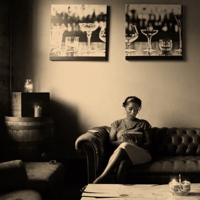 A woman sitting on a leather couch reading a book in a living room with framed pictures of glasses and bottles on the wall.