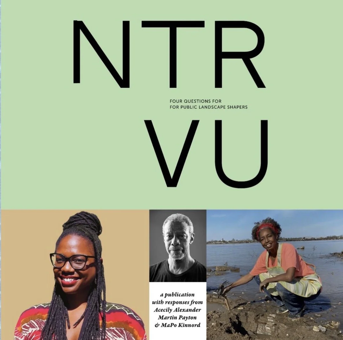 Book titled 'NTR VU: Four questions for public landscape shapers' with images of two women and a man on the cover, one woman is smiling and wearing glasses, and the other woman is squatting near water in a landscape.
