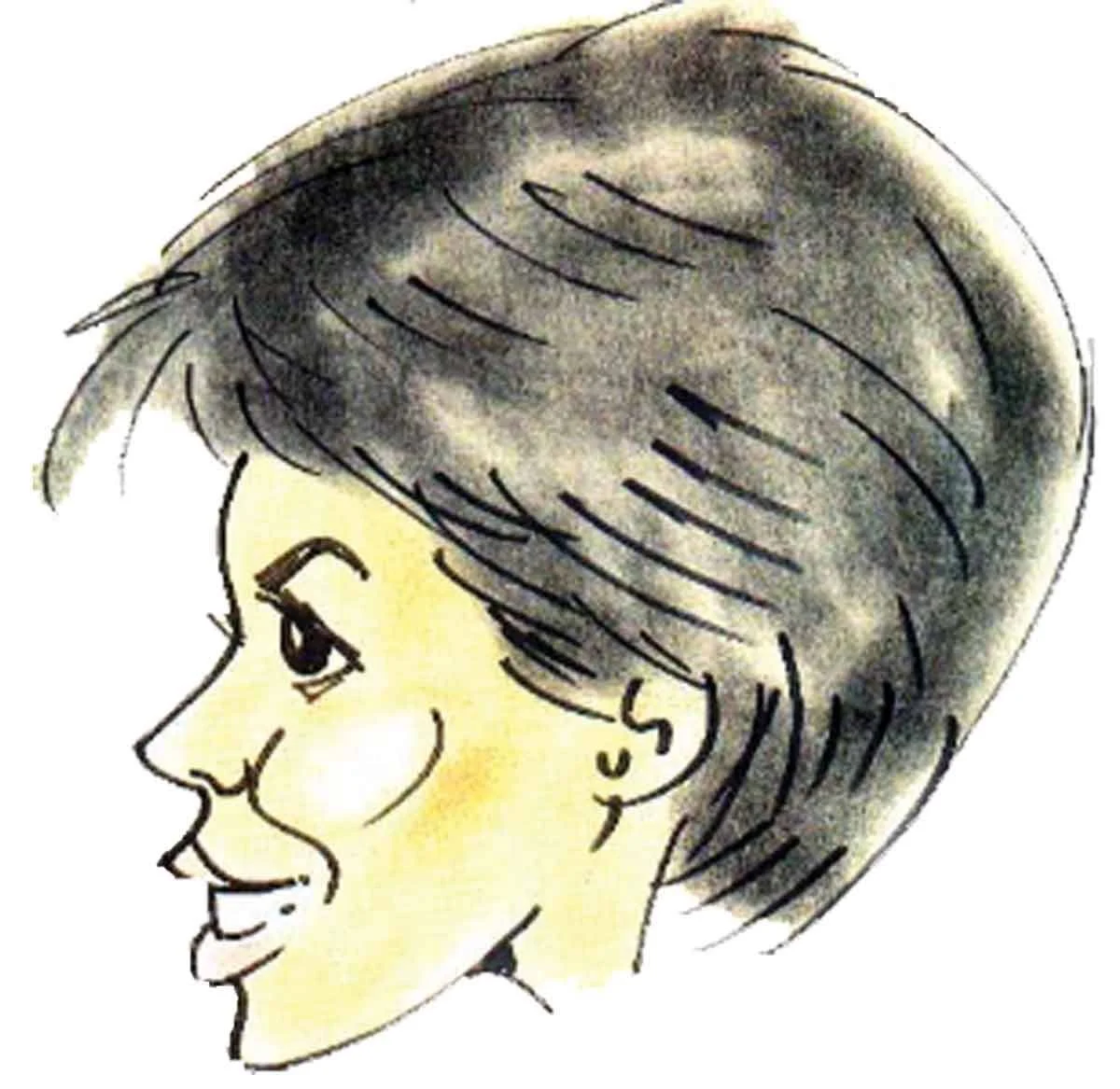 A cartoon-style drawing of a woman in profile with short, grayish hair, a cheerful facial expression, and earrings.