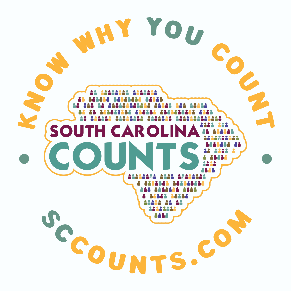 A graphic featuring an outline of South Carolina filled with small multicolored dots. Text in the center reads "South Carolina Counts" in bold purple and teal letters. Encircling the outline are the words "Know Why You Count" and the website "sccounts.com" in orange and teal.