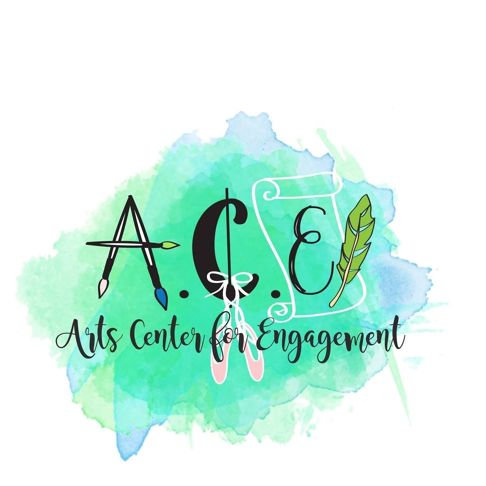 Logo for Arts Center for Engagement with a watercolor background, artistic lettering, and decorative art tools and symbols.