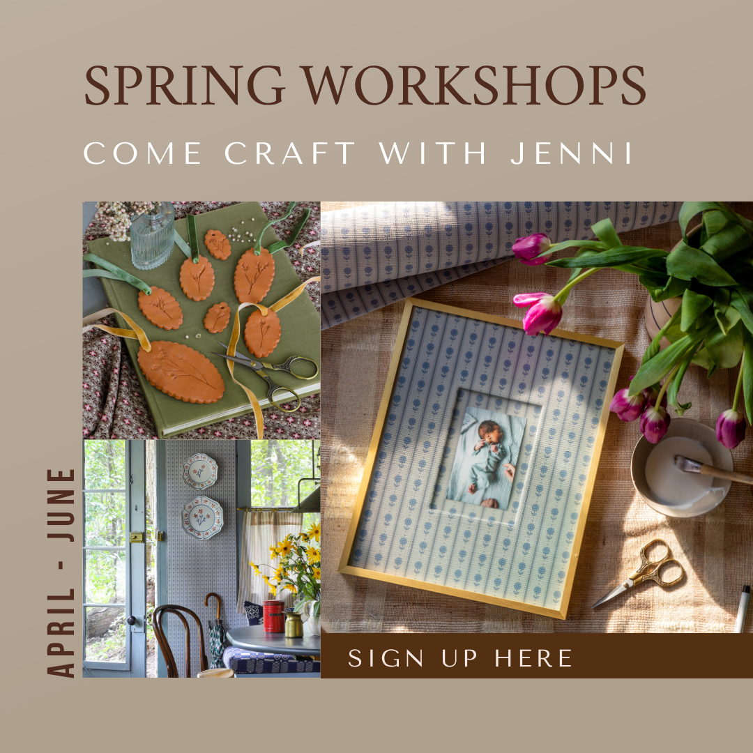 Spring workshops event poster with images of crafting, a windowed room, and flowers, inviting people to craft with Jenni in April and June, with a sign-up area.