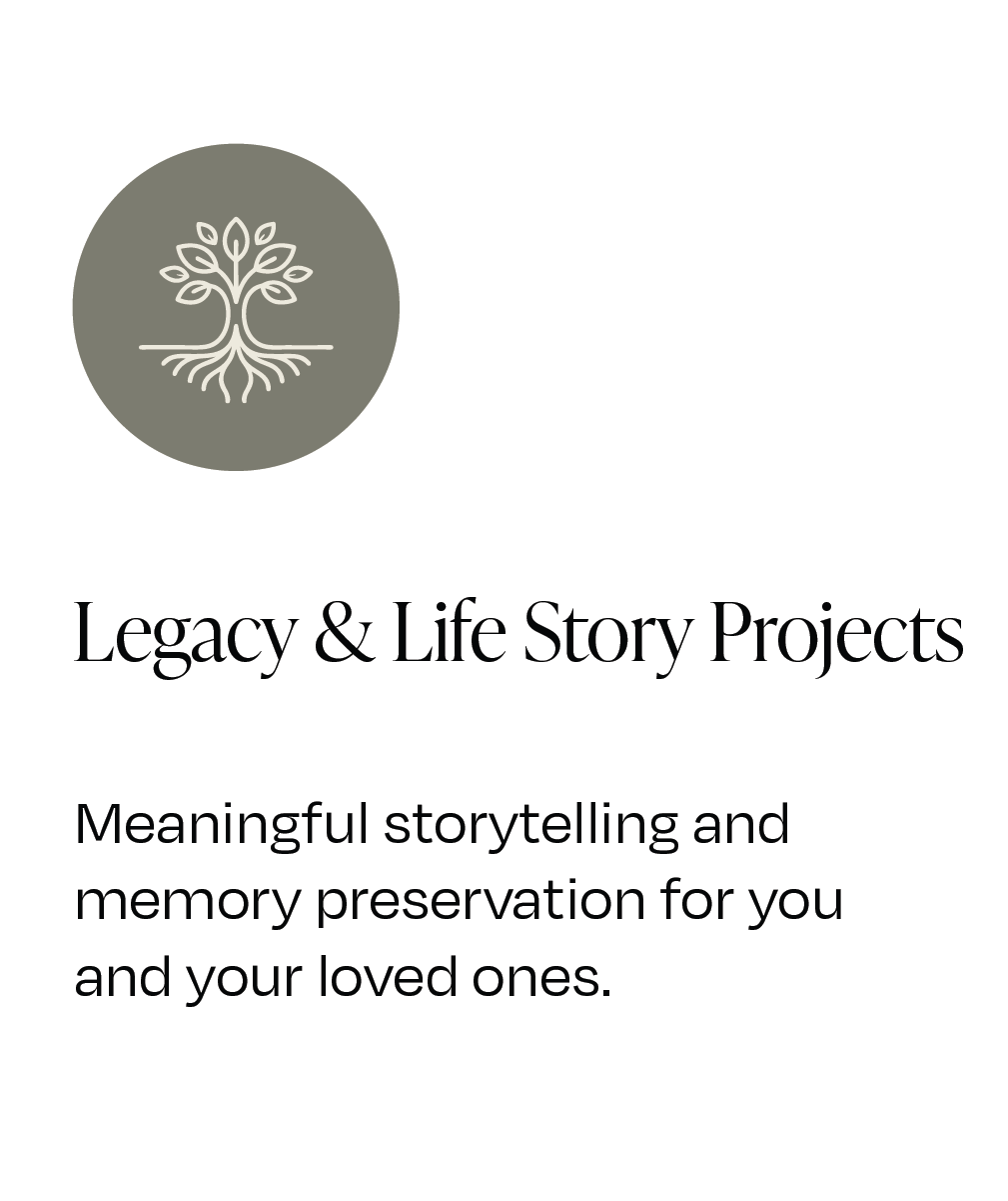 Logo with a tree symbol and text reading 'Legacy & Life Story Projects' and 'Meaningful storytelling and memory preservation for you and your loved ones.'
