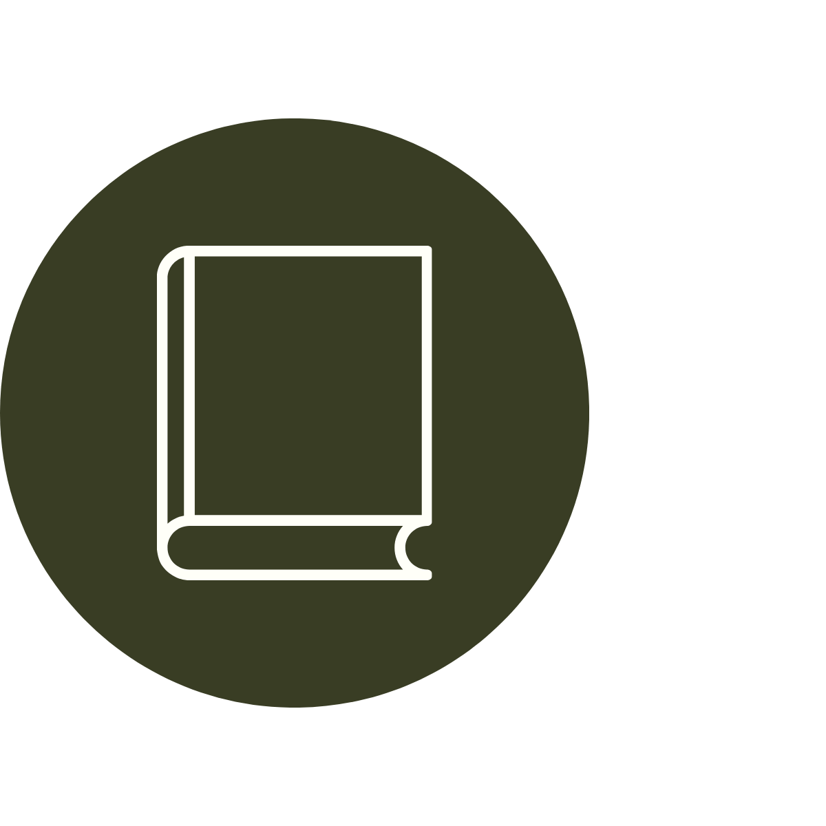 Simple line drawing of a closed book with a dark green circle background.