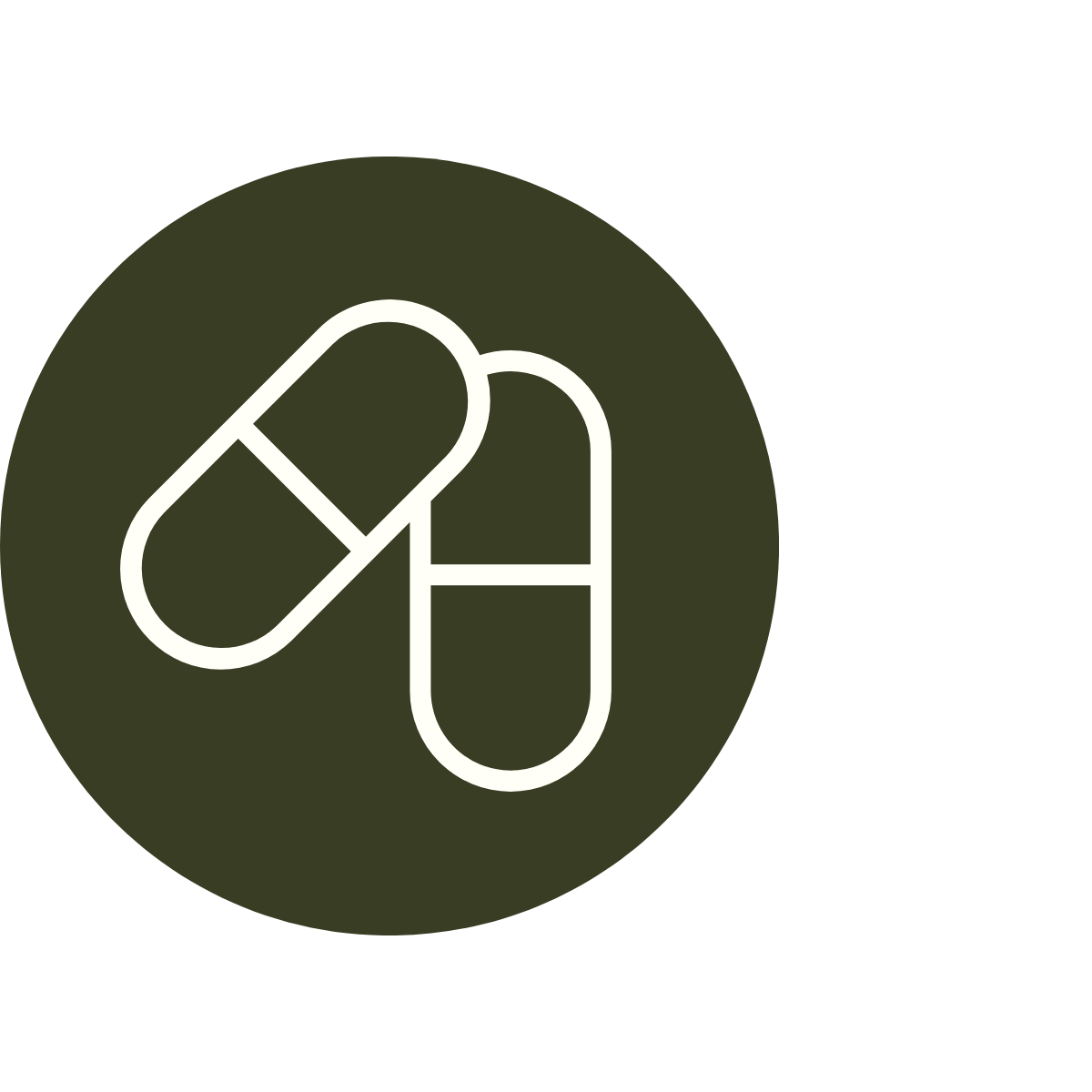 Icon of two pills, one capsule and one tablet, within a dark circle, indicating medication or pills.