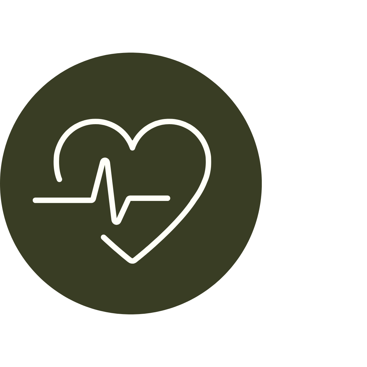 Heart shape with an integrated electrocardiogram line inside a dark green circle.