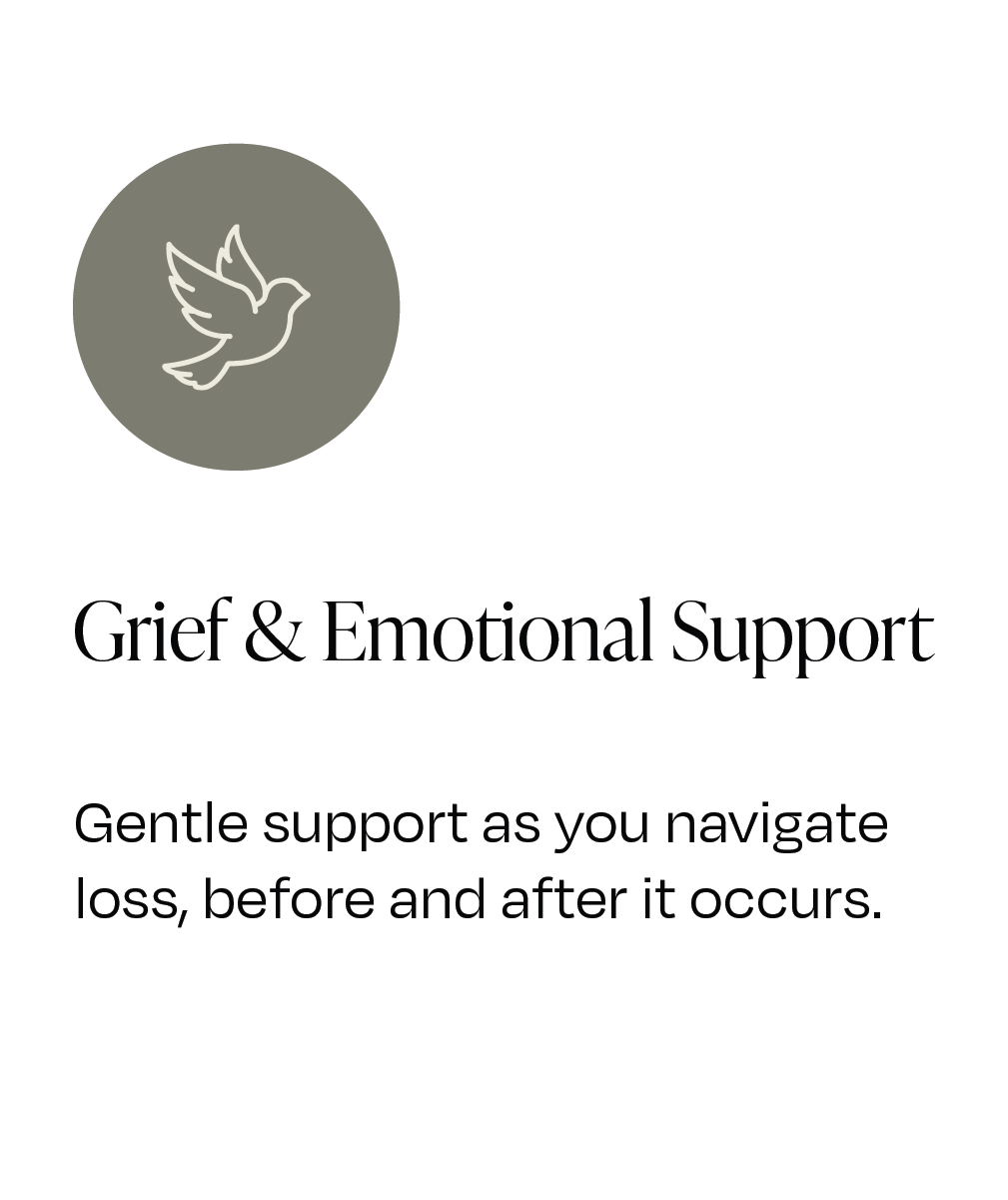 Modern digital support card with a dove icon and text about grief and emotional support for navigating loss.