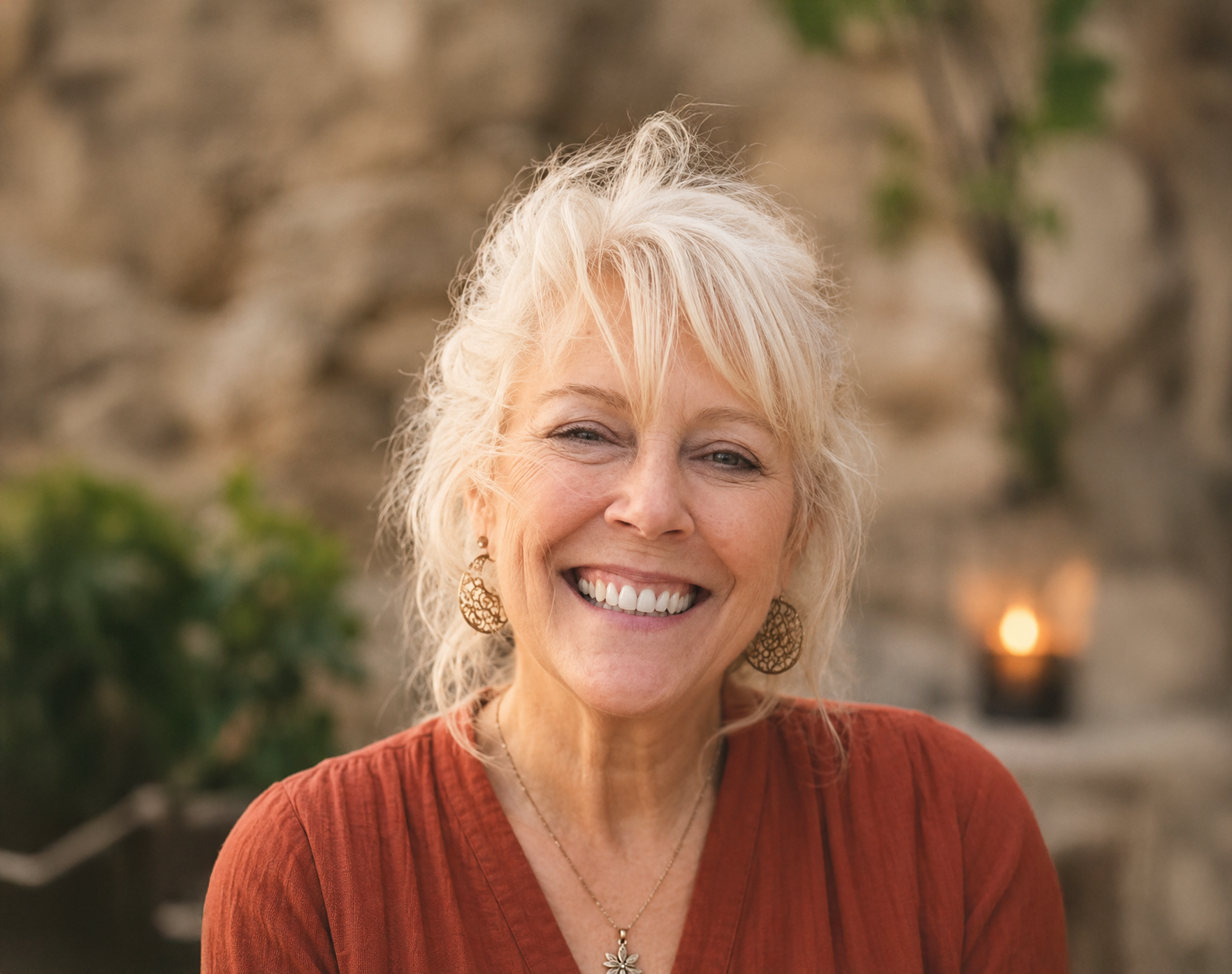 A smiling middle-aged woman with blonde hair and large earrings, wearing an orange top, outdoors during the evening with a blurred background including greenery and a lit candle.