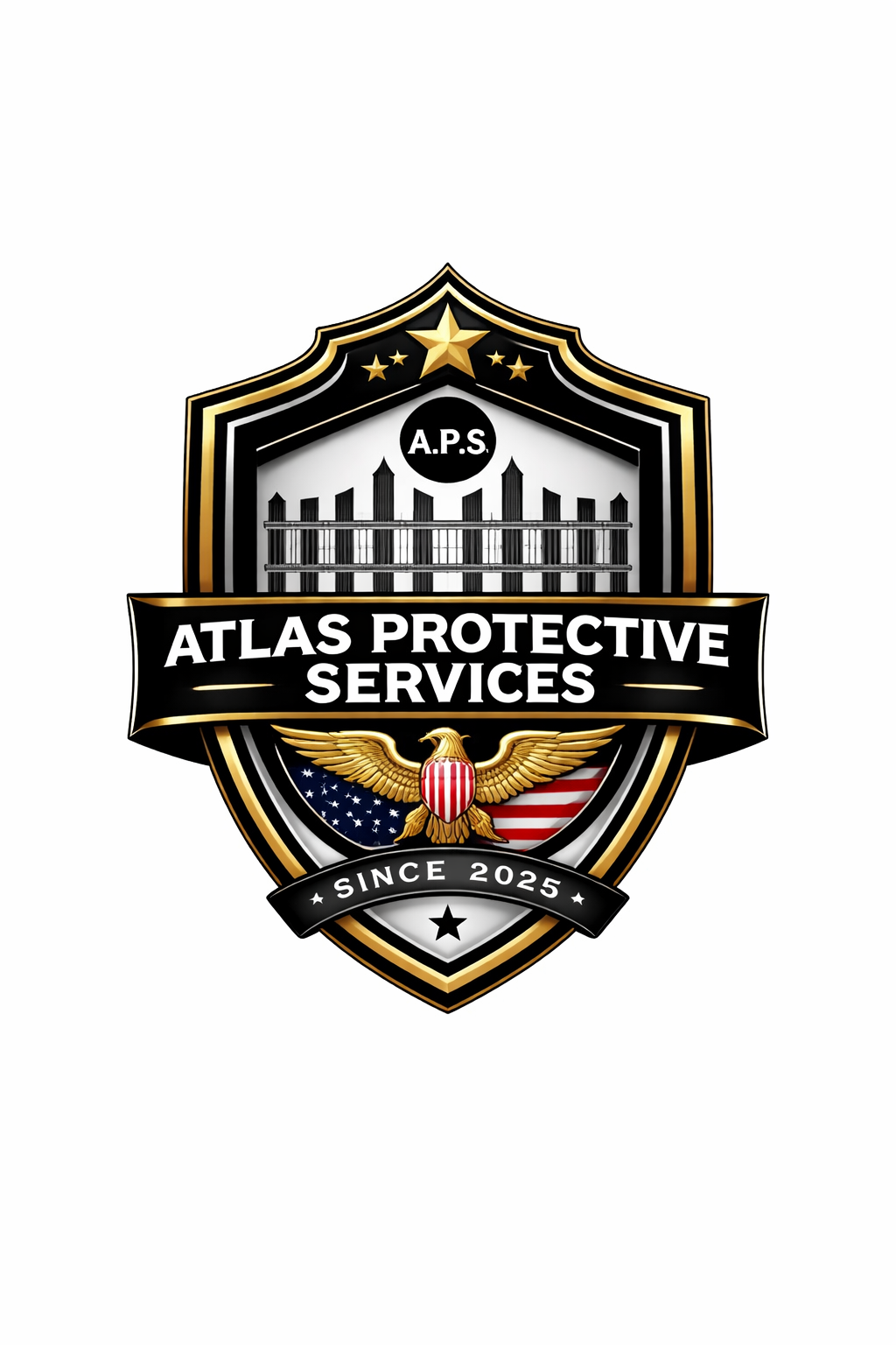 A black and gold shield emblem with a police-style badge, featuring an eagle holding a shield with American flag elements, and text that reads 'Atlas Protective Services' with the phrase 'Since 2025' at the bottom.