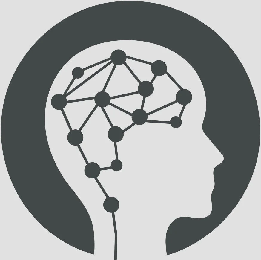 A stylized illustration of a human head in profile with interconnected nodes inside representing a network or brain connections.
