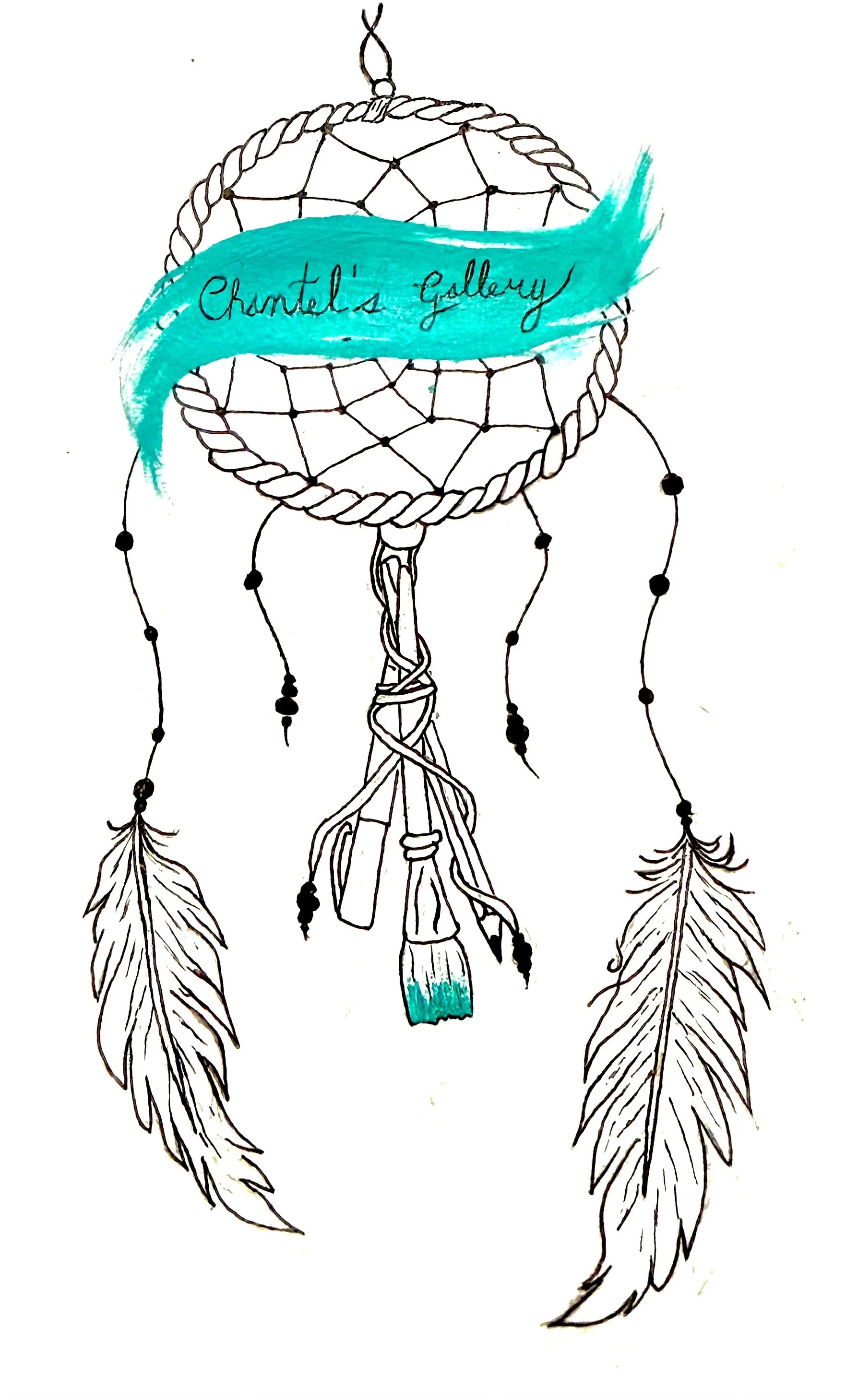 A hand-drawn dreamcatcher with feathers hanging from it and a turquoise ribbon that has the text "Chantel's gallery" written on it.
