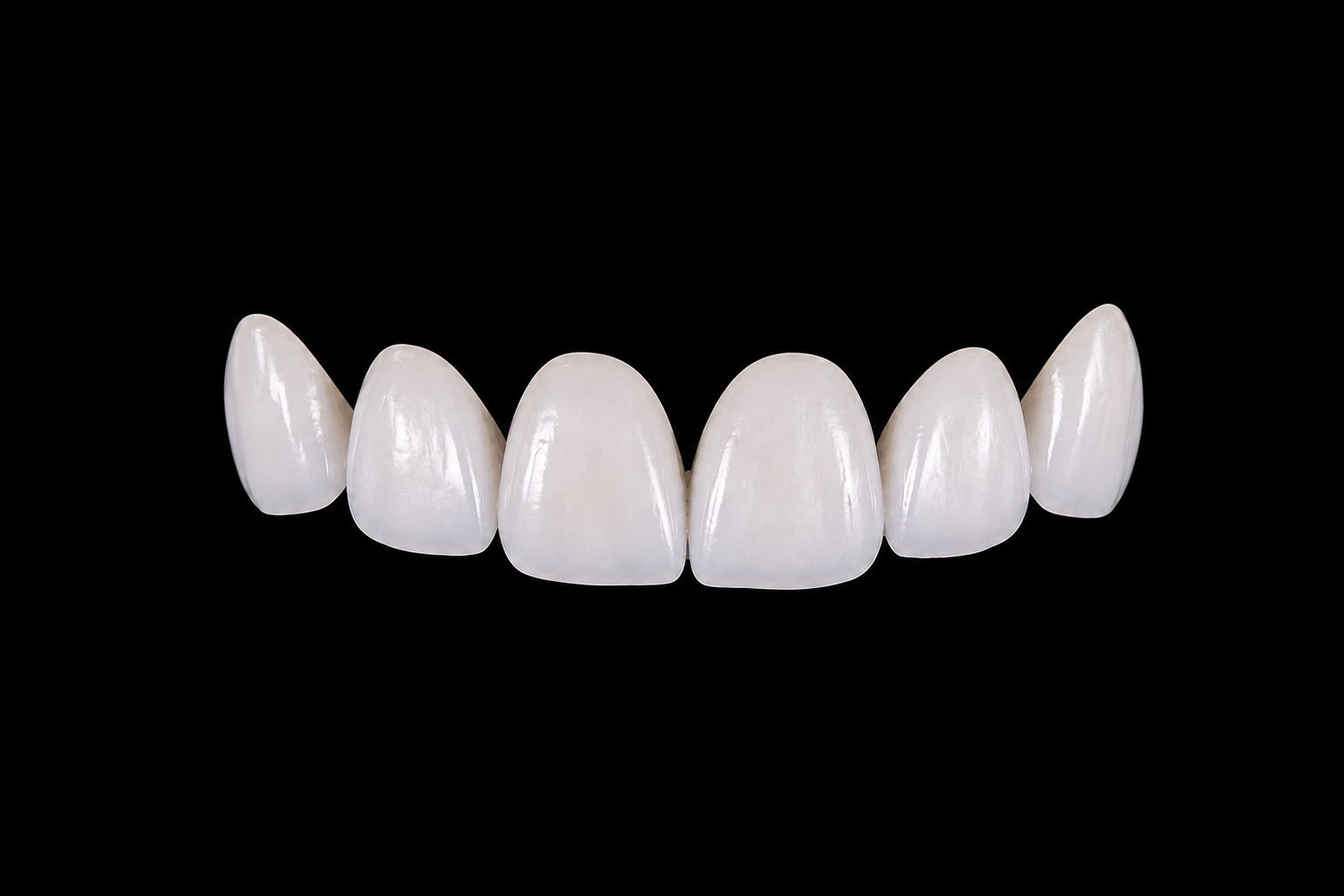 Close-up of six front teeth with white dental veneers against a black background