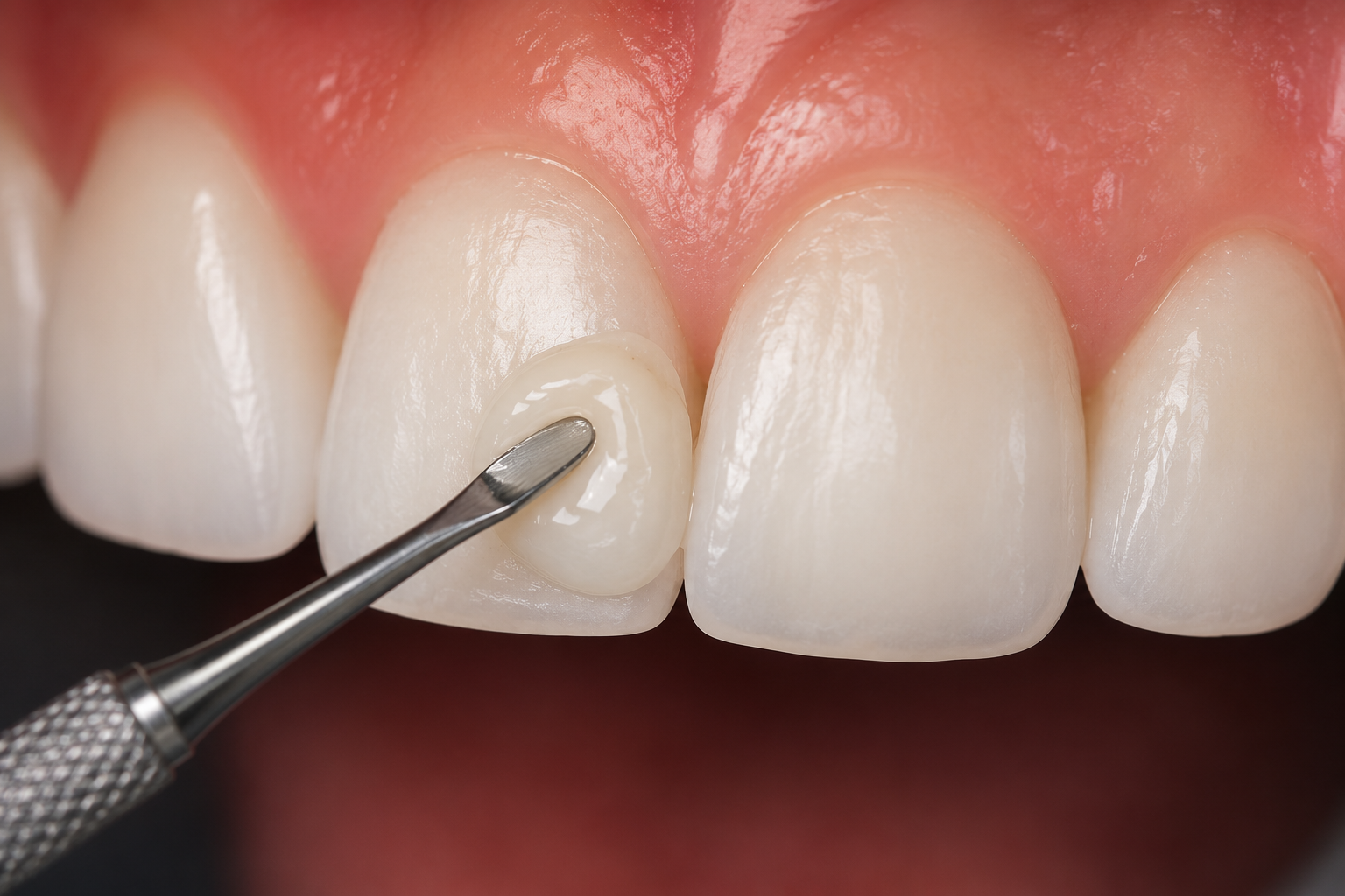 Close-up of a dental procedure with a dental scaler cleaning a white tooth.