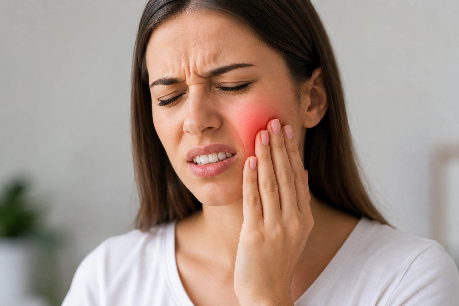 A woman with long brown hair scrunches her face in pain, holding her cheek which is visibly red, indicating a toothache or jaw pain.