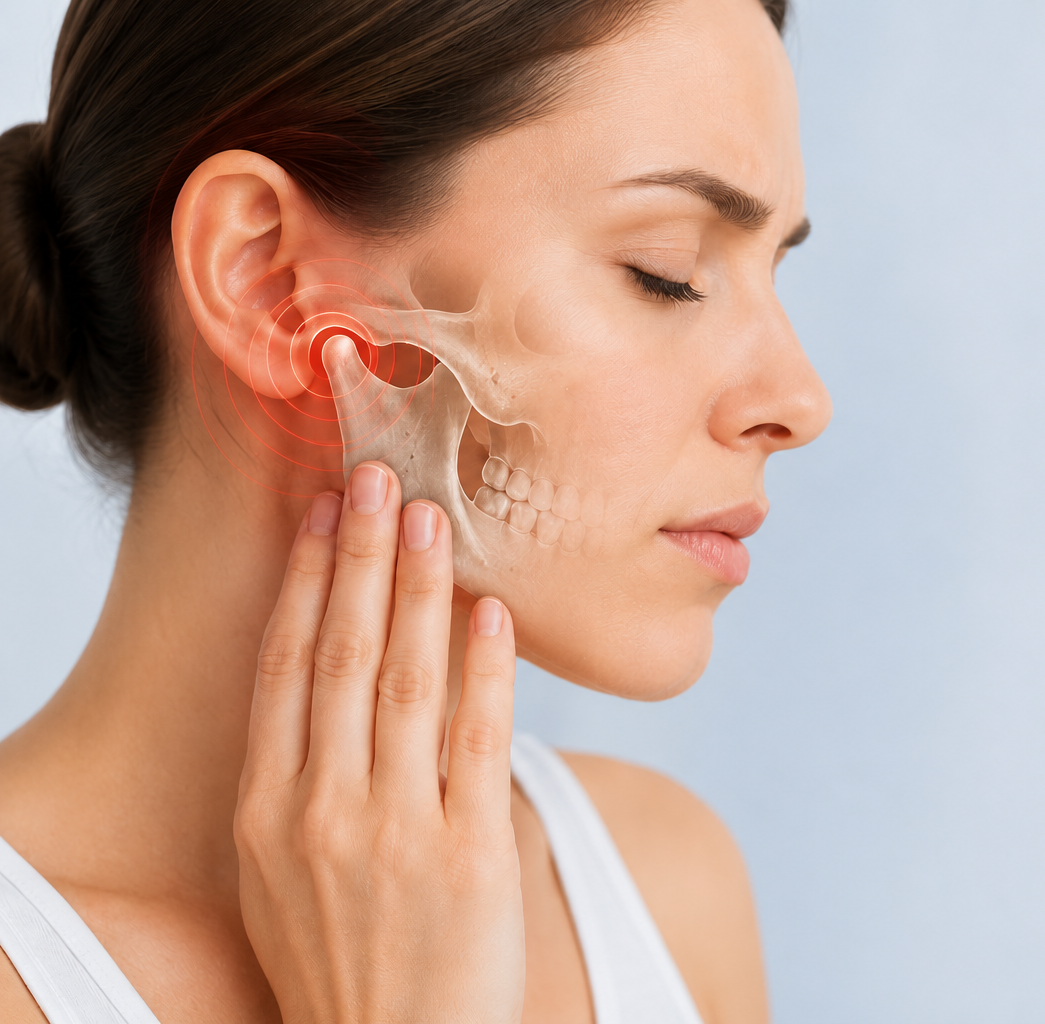 A woman touching her jaw with her hand, with an illustration of the skull highlighting the ear and jaw area, and a red circle indicating pain or discomfort.