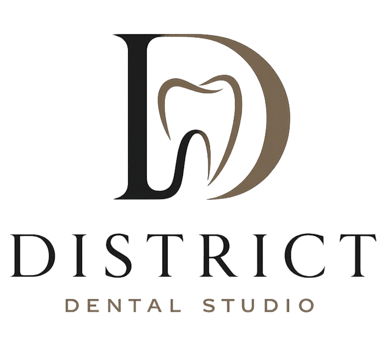 A logo featuring a stylized letter 'D' with a tooth forming part of the design, and the words 'District Dental Studio' below it.