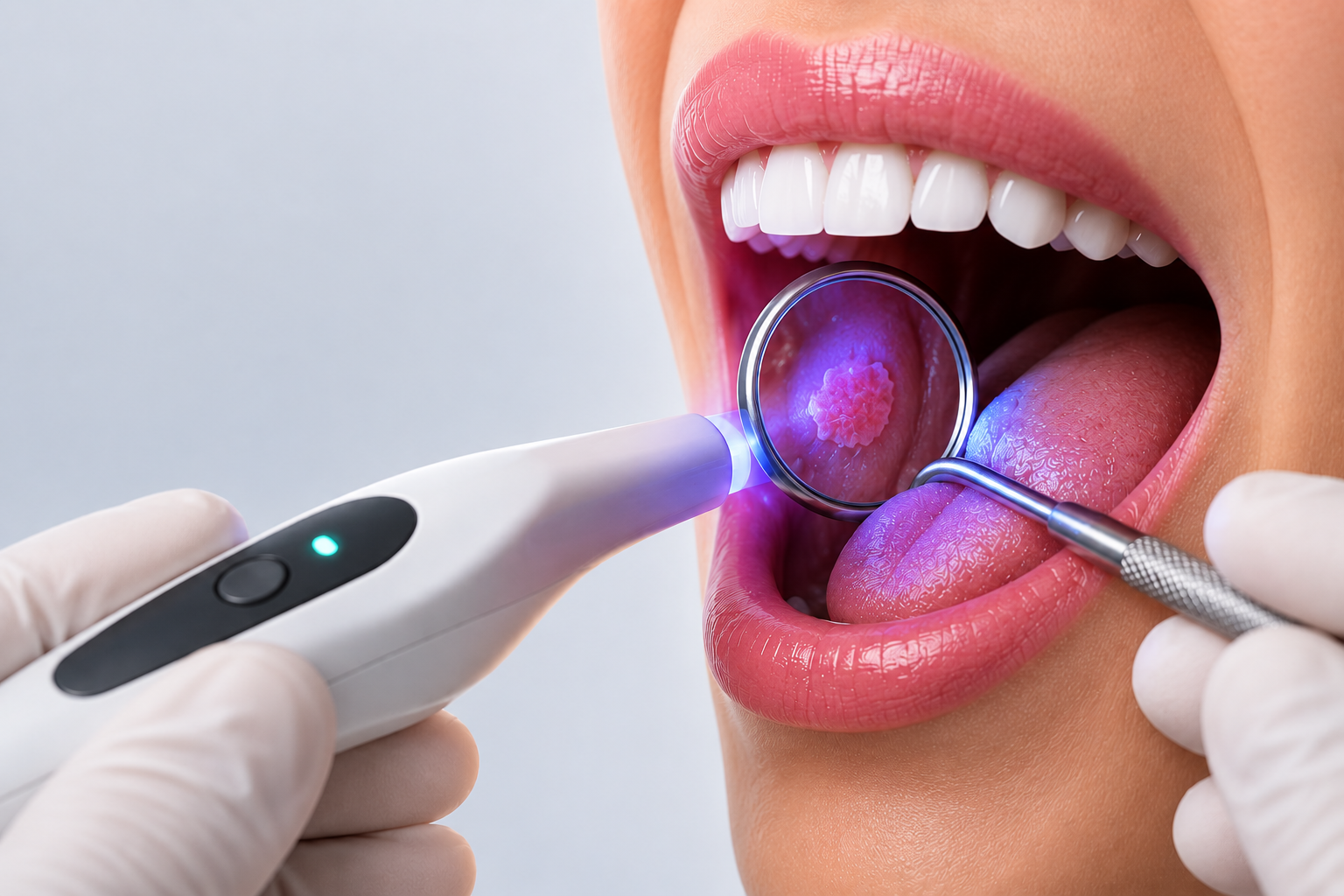 A close-up of a woman's open mouth during a dental examination, with a dental mirror and an intraoral camera inspecting her tongue and teeth.