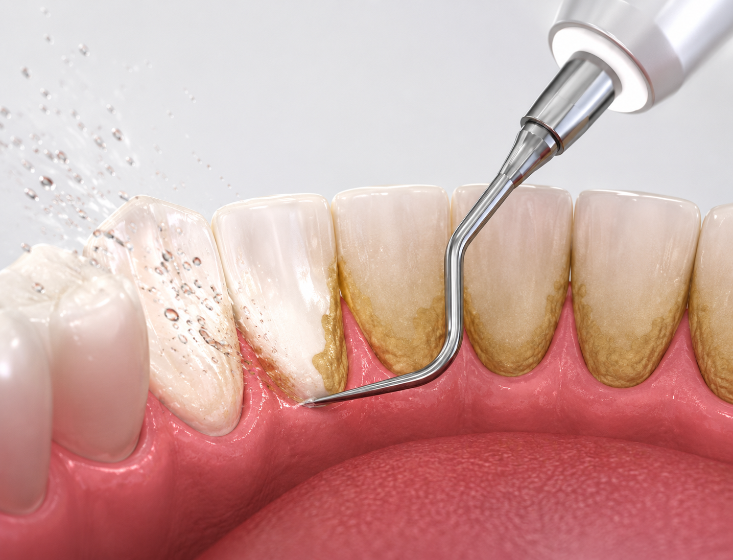 Close-up of dental cleaning in progress with a dental scaler cleaning plaque from teeth, showing teeth, gums, and dental tools.