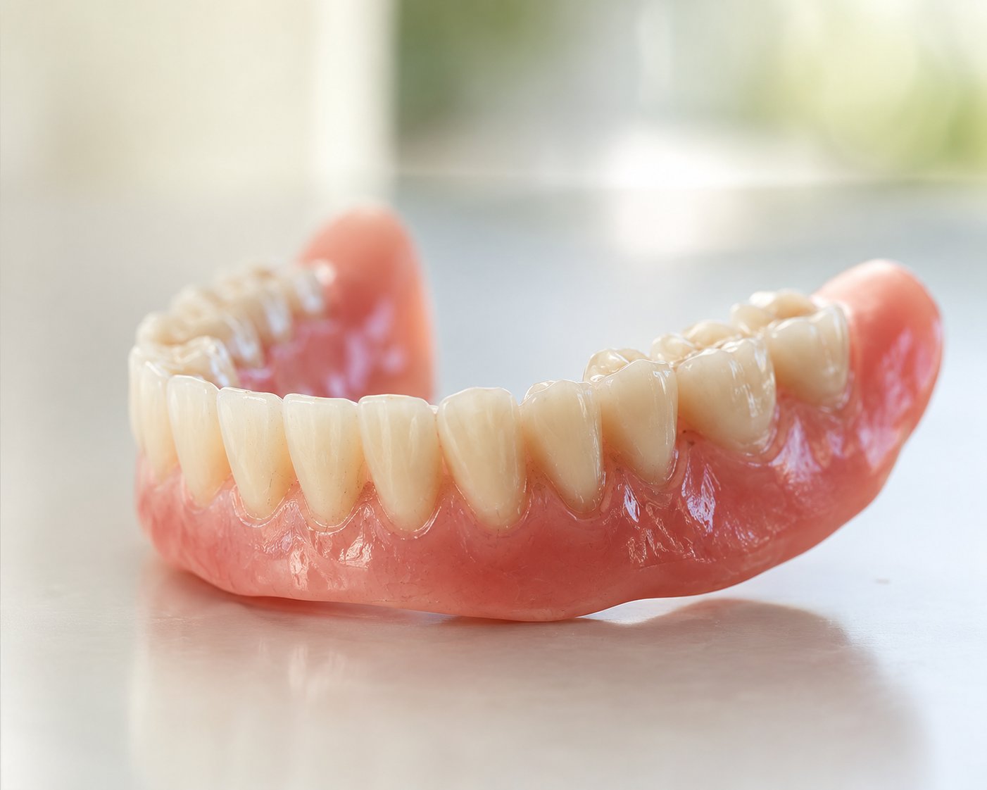 A set of dentures with upper teeth on a white surface.