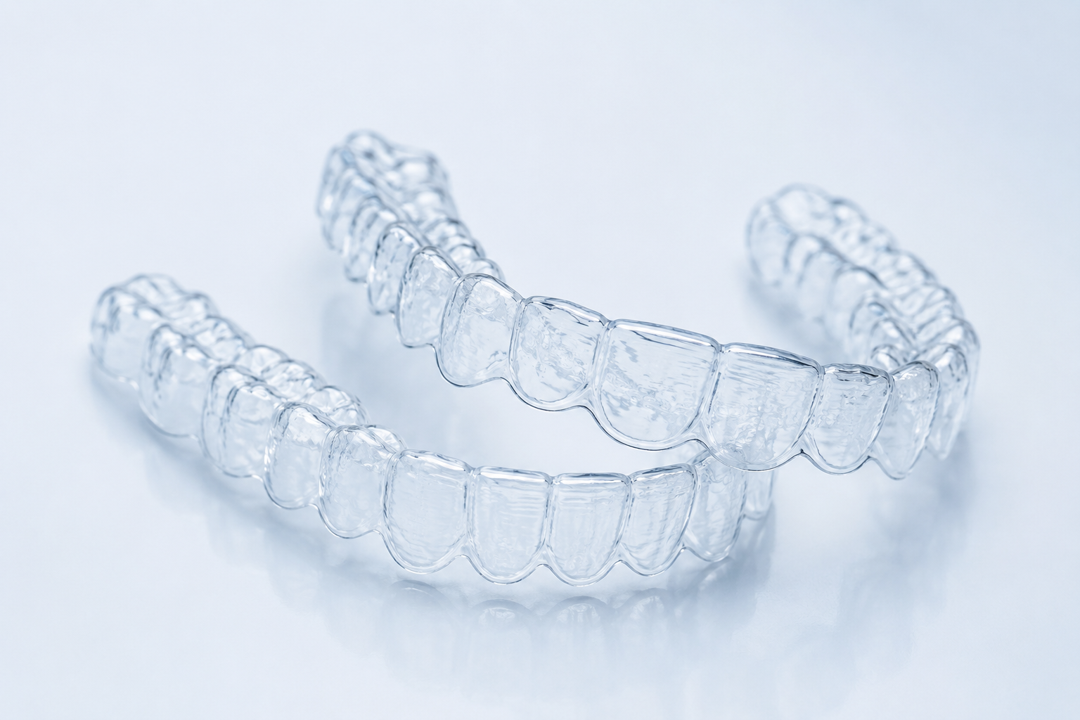 A clear plastic dental retainer on a white surface.